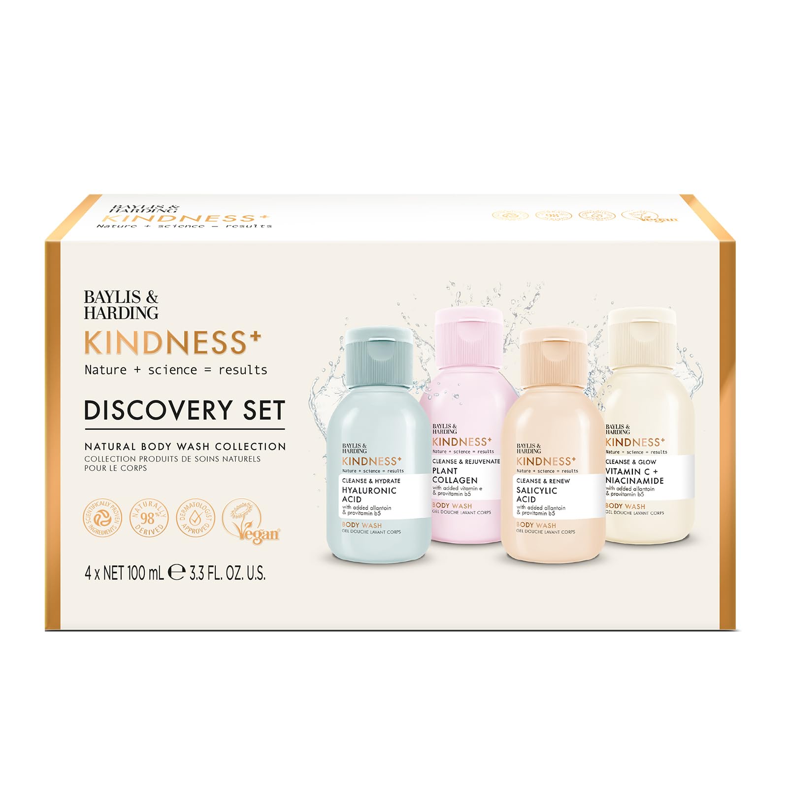 Baylis & Harding Kindness+ Discovery Gift Set: 4x Body Washes with HA, Collagen, Salicylic Acid & Vitamin C