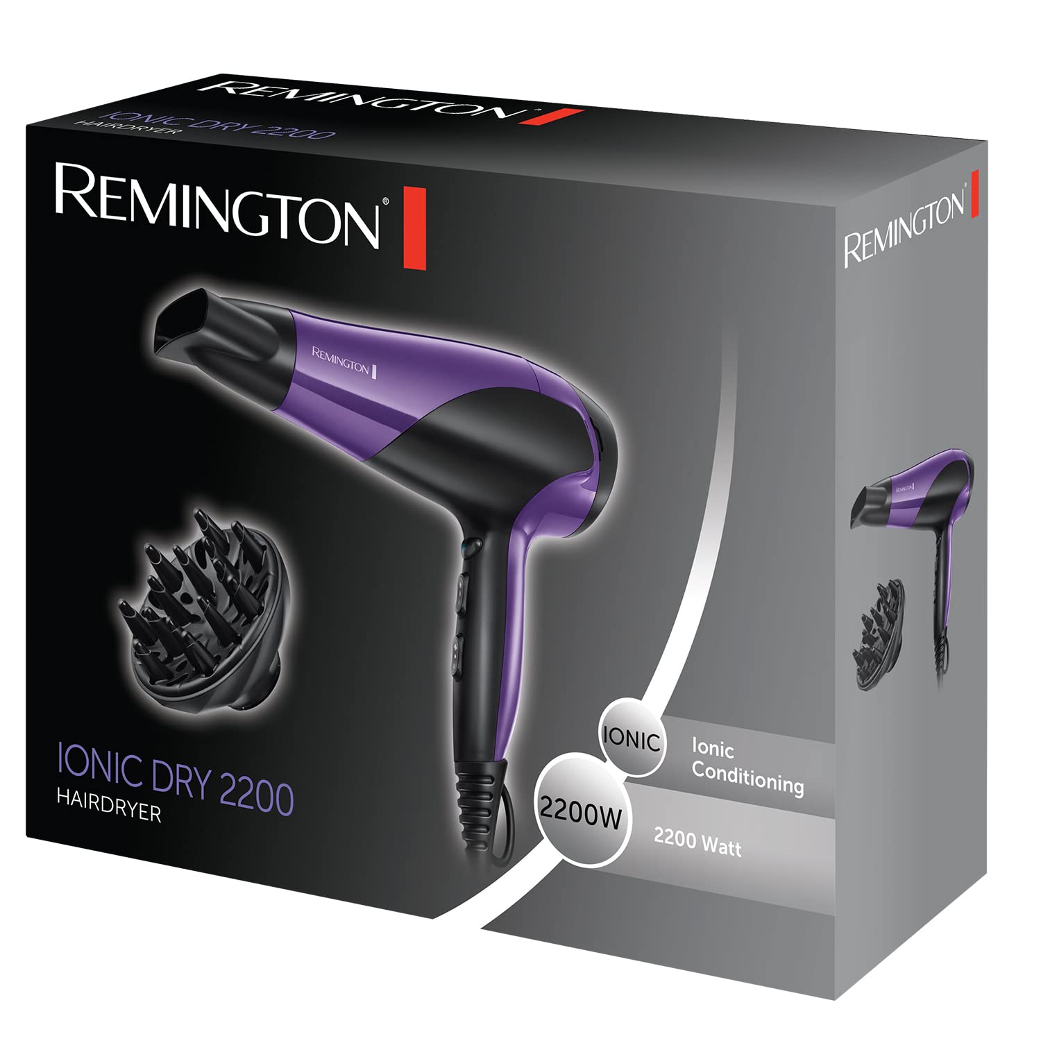 Remington Ionic Haartrockner (Leistungsstark, schnell, professionelles Styling, Diffusor, Konzentrator, Ionen-Pflege für frizzfreies Haar, 3 Heiz-/2 Gebläsestufen, Kaltlufttaste, 2200 W, Lila) D3190 7
