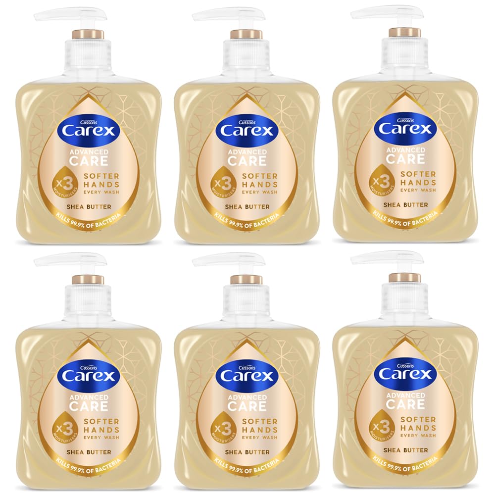 CAREX Advanced Care Shea Butter Antibacterial Hand Wash, Pack of 6 x 250ml, 3x Moisturisers