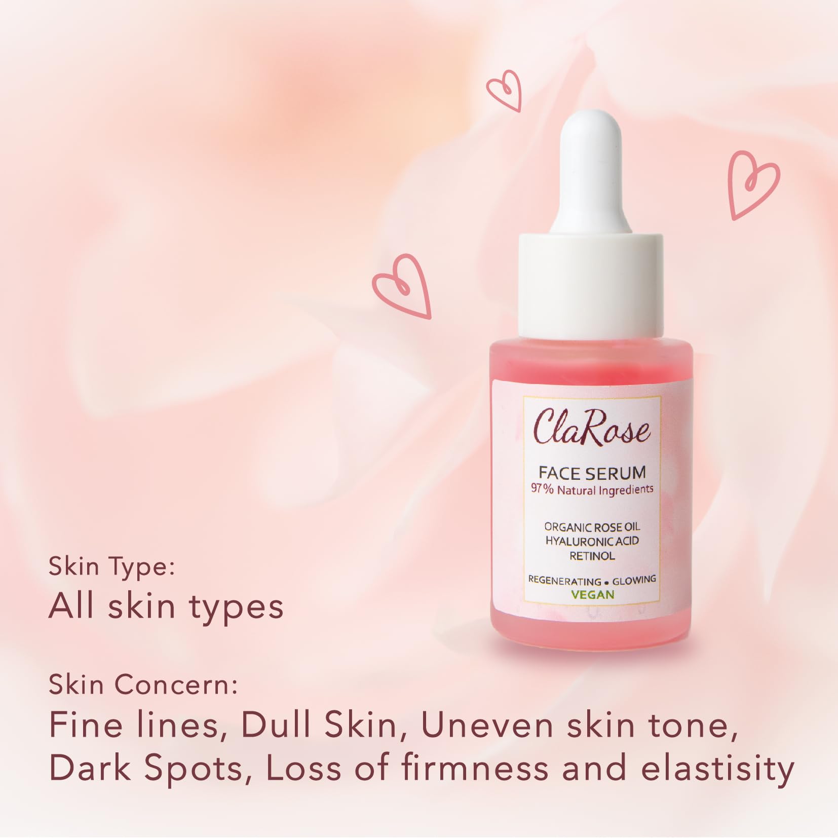 ClaRose Anti-ageing Face Serum with Hyaluronic Acid, Retinol & Organic Rose Oil