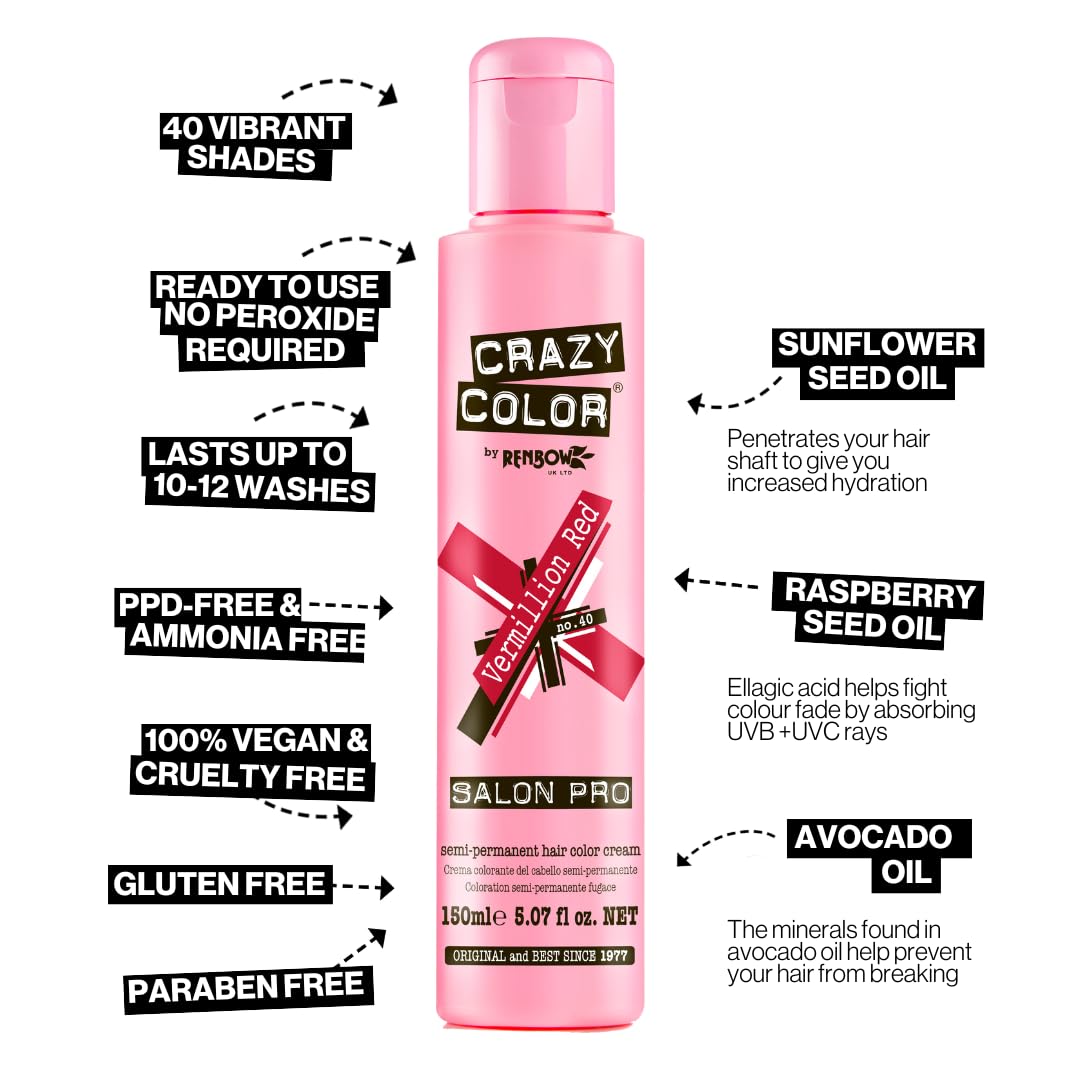 Crazy Color Vermillion Red Semi-Permanent Hair Dye - Highly Pigmented & Conditioning 4