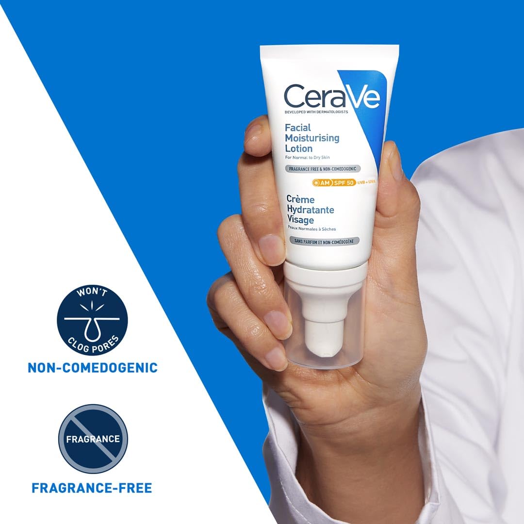 CeraVe AM Facial Moisturising Lotion SPF 50 for Normal to Dry Skin 52ml with UV Protection 5
