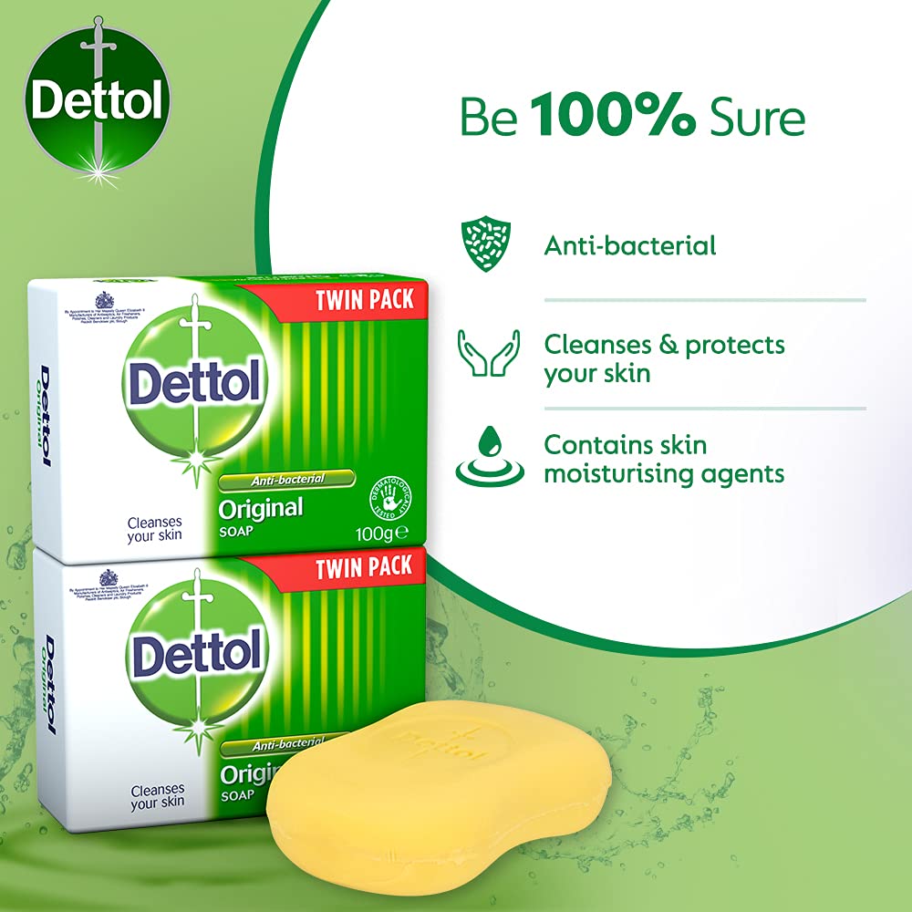 Dettol Original Bar Soap Anti-Bacterial Cleanser, Pack of 2 x 100g