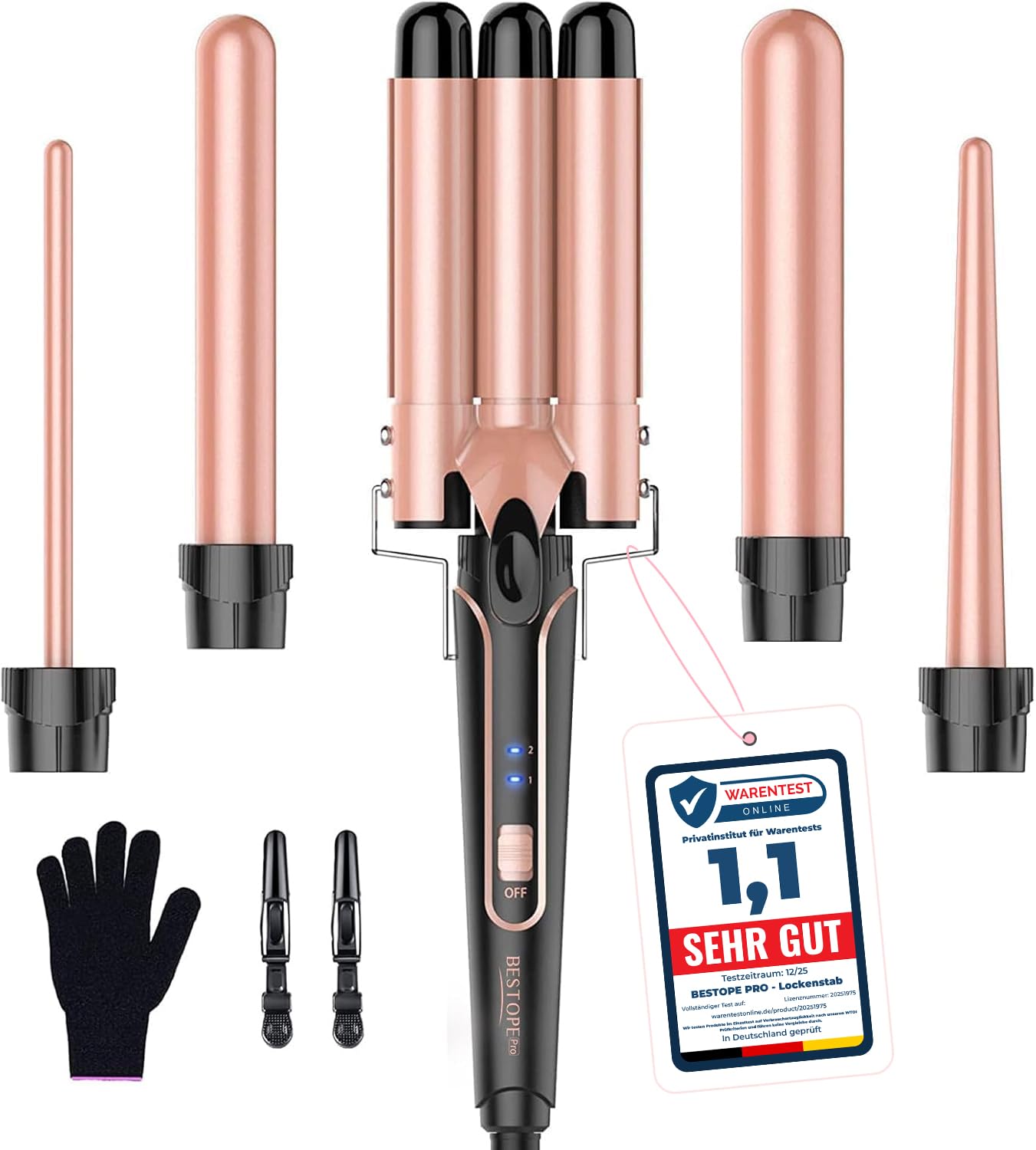 BESTOPE PRO 5-in-1 Ceramic Hair Curler Wand Set (9-32mm) with 2 Temperature Settings for All Hair Types