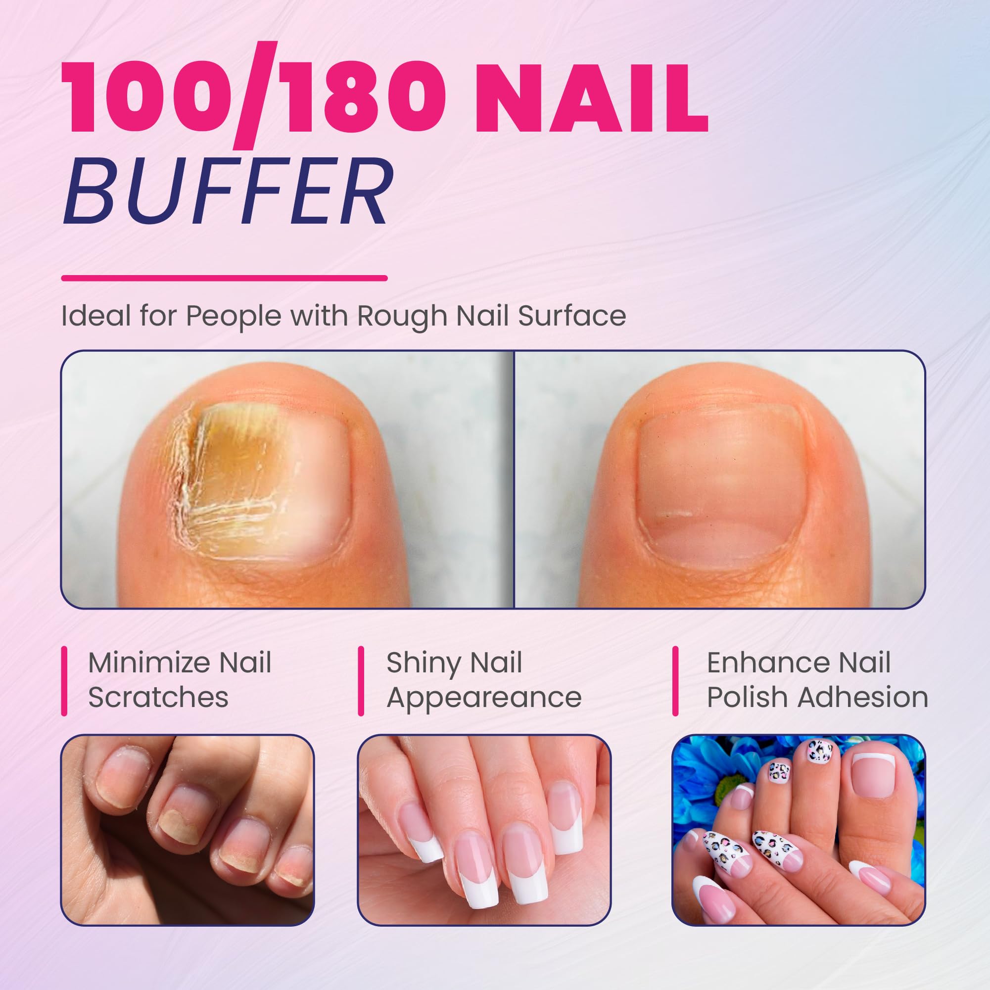 PORTENTUM 8 PCS Professional Double Sided Nail Files 100/180 Grit Washable Emery Board Manicure Tools 5