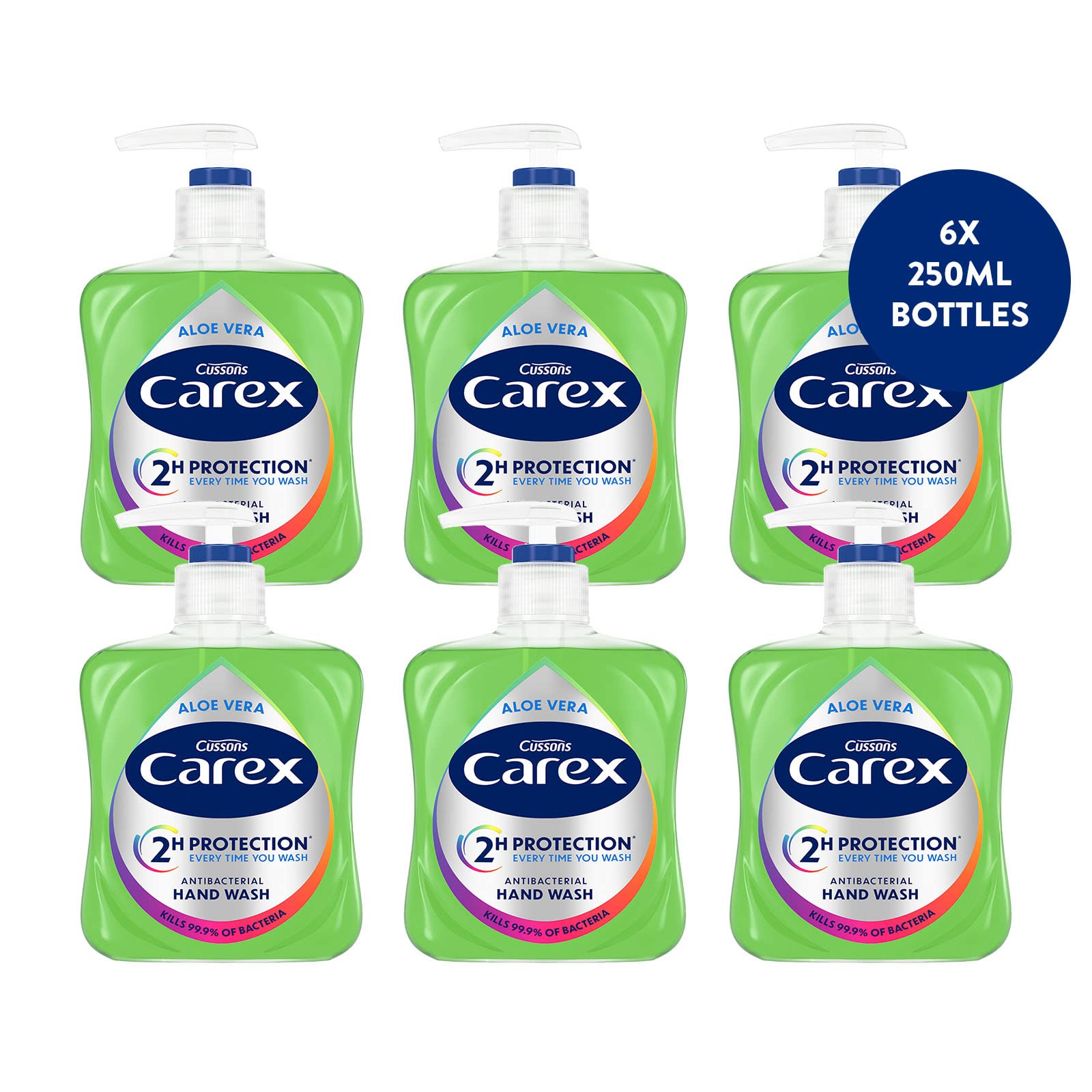 Carex Antibacterial Aloe Vera Hand Wash, Natural Moisturisers, 2 Hour Protection, Bulk Pack of 6 x 250ml