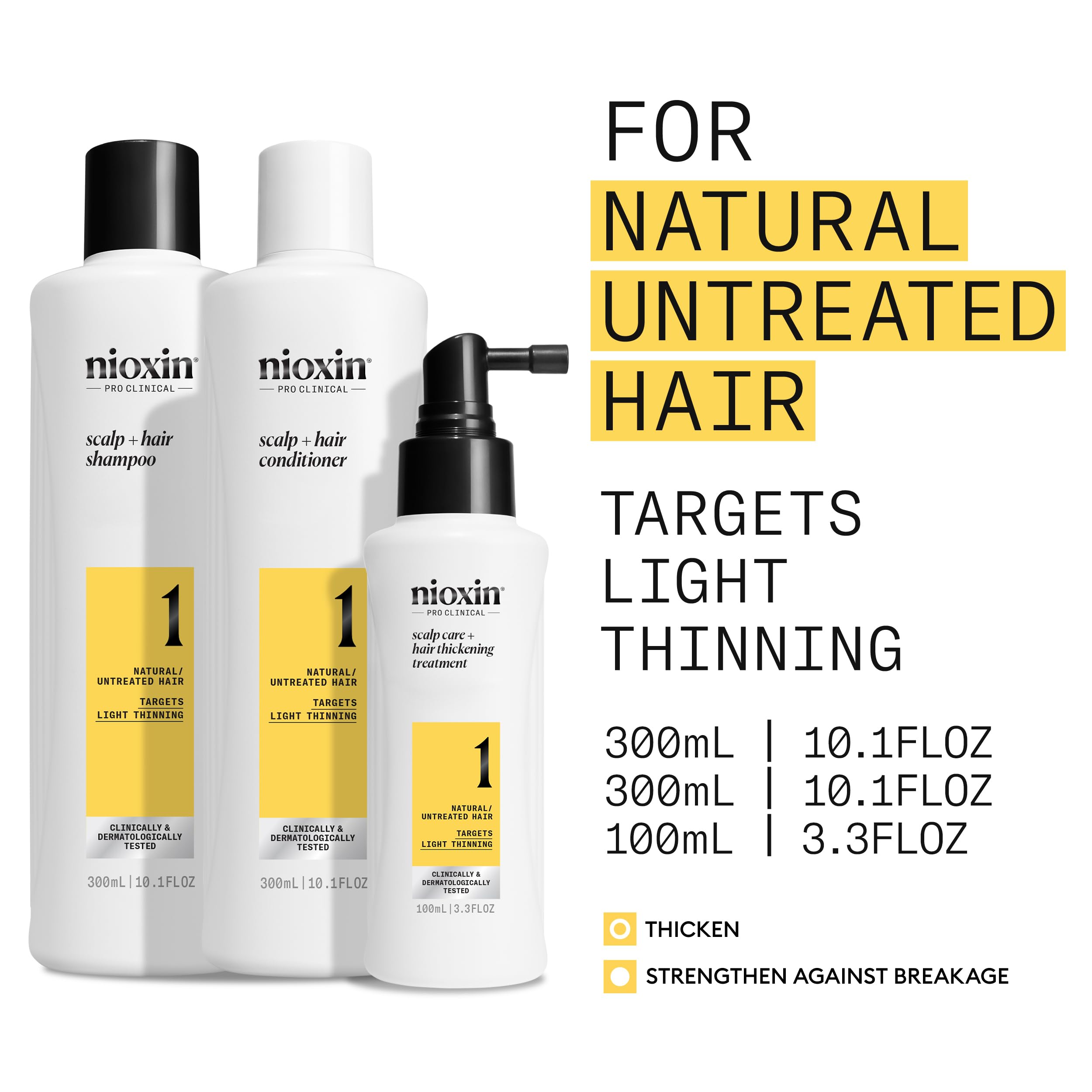Nioxin Scalp + Hair Thickening System 1 Treue-Set – Haarverdichtungssystem für natürliches Haar mit leichtem Haarausfall – Shampoo, Spülung &amp; Kopfhautbehandlung, 300 + 300 + 100 ml