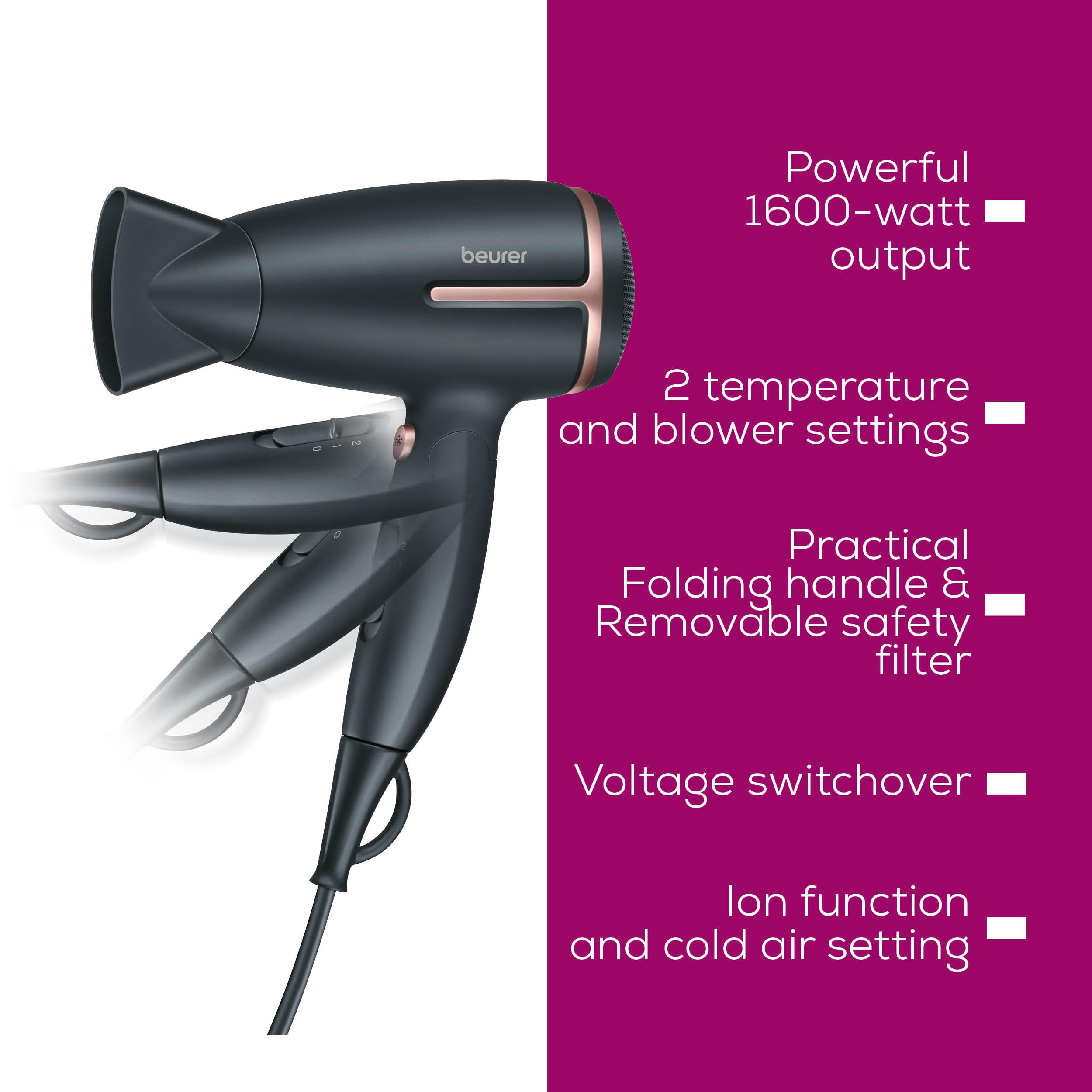 Beurer HC 25 Travel Hair Dryer 1600W with Ion Function, Foldable, Dual Voltage 7
