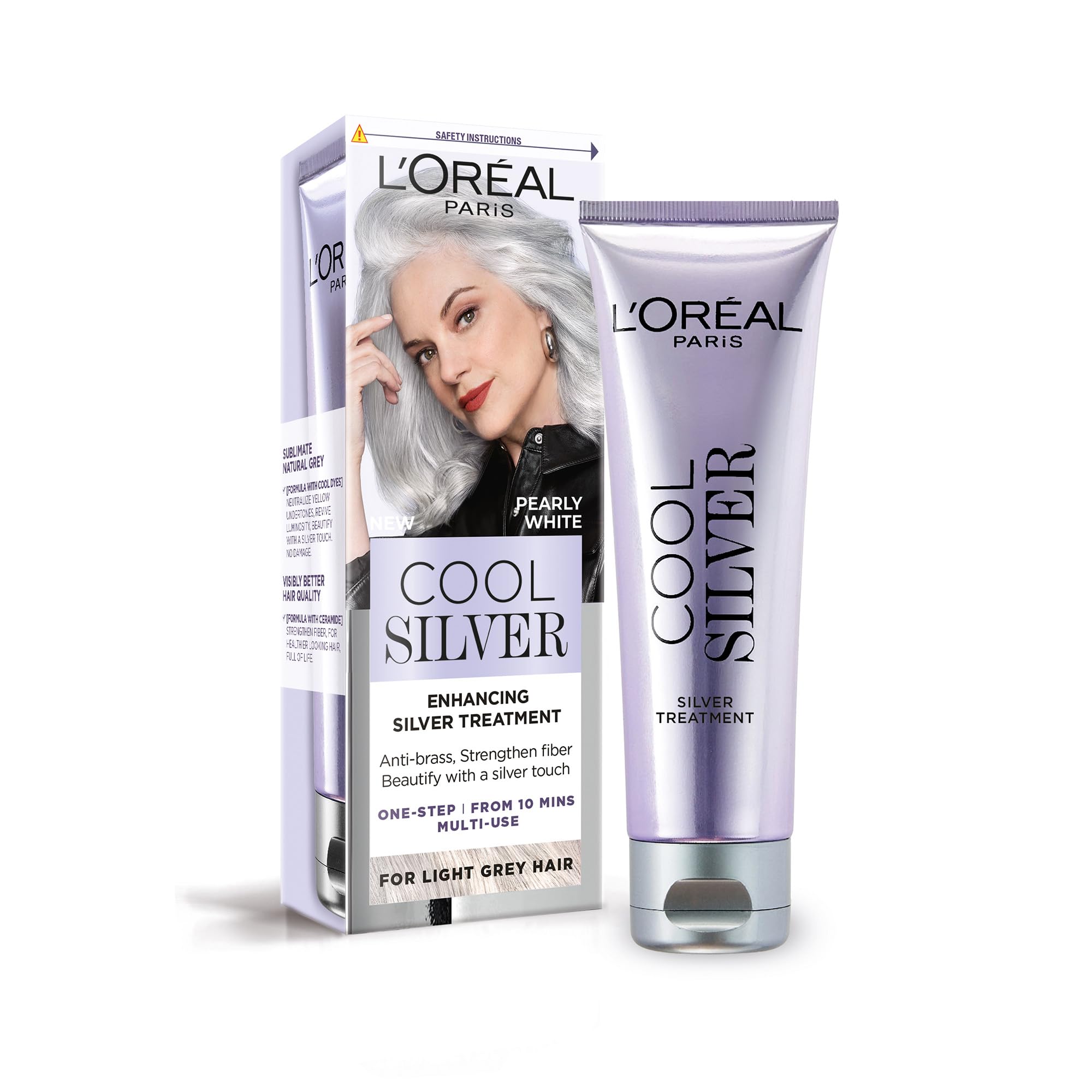 L'Oréal Paris Cool Silver Pearly White, unsere erste Farbauffrischungskur für natürlich graues Haar, semi-permanente Farbe, angereichert mit kühlenden Farbstoffen und Ceramiden