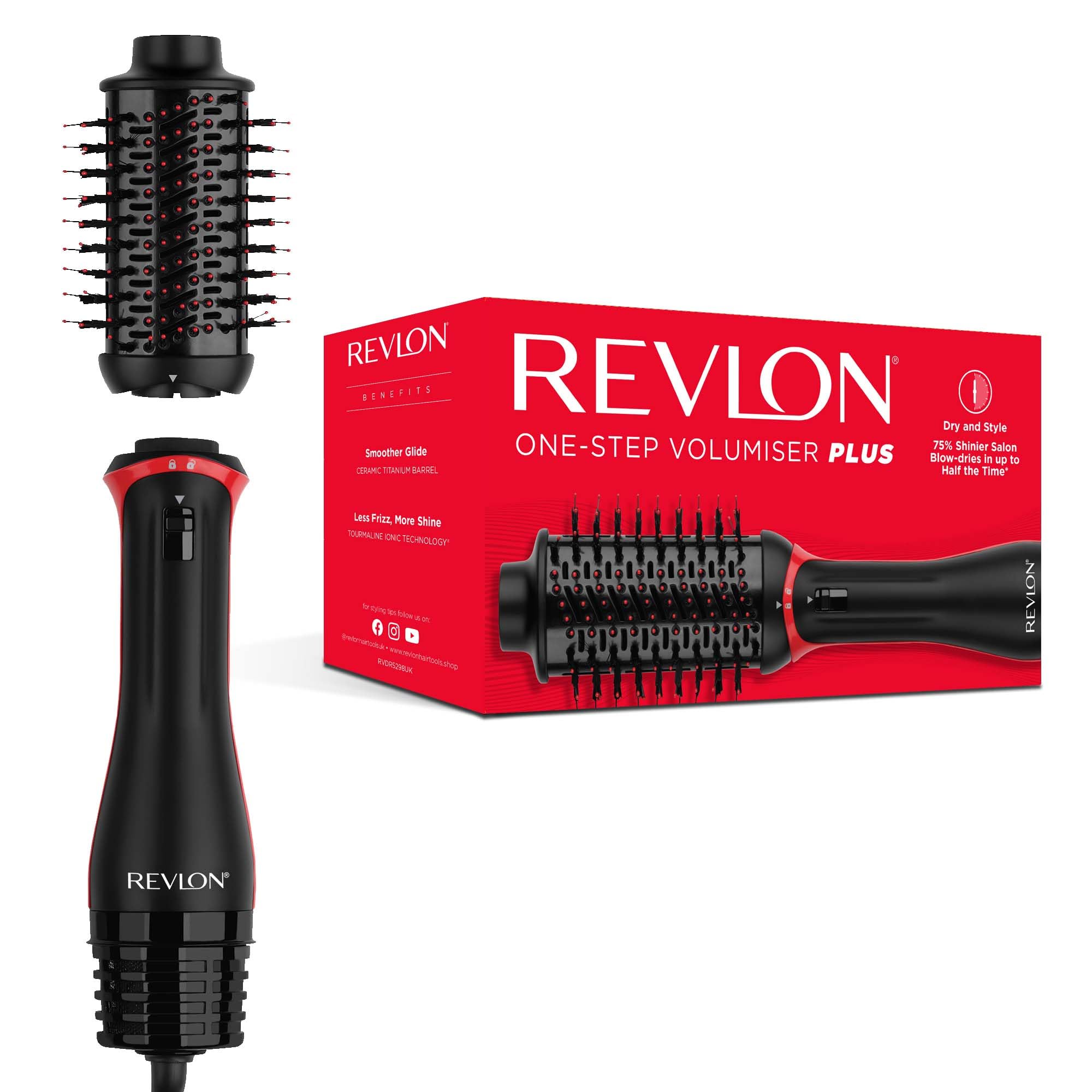 Revlon One-Step Volumiser Plus (Patentierter abnehmbarer Kopf, Keramik-Titan-Zylinder, Nylon-Stylingborsten mit Aktivkohlestiften, Turmalin-Ionen-Technologie), RVDR5298UK