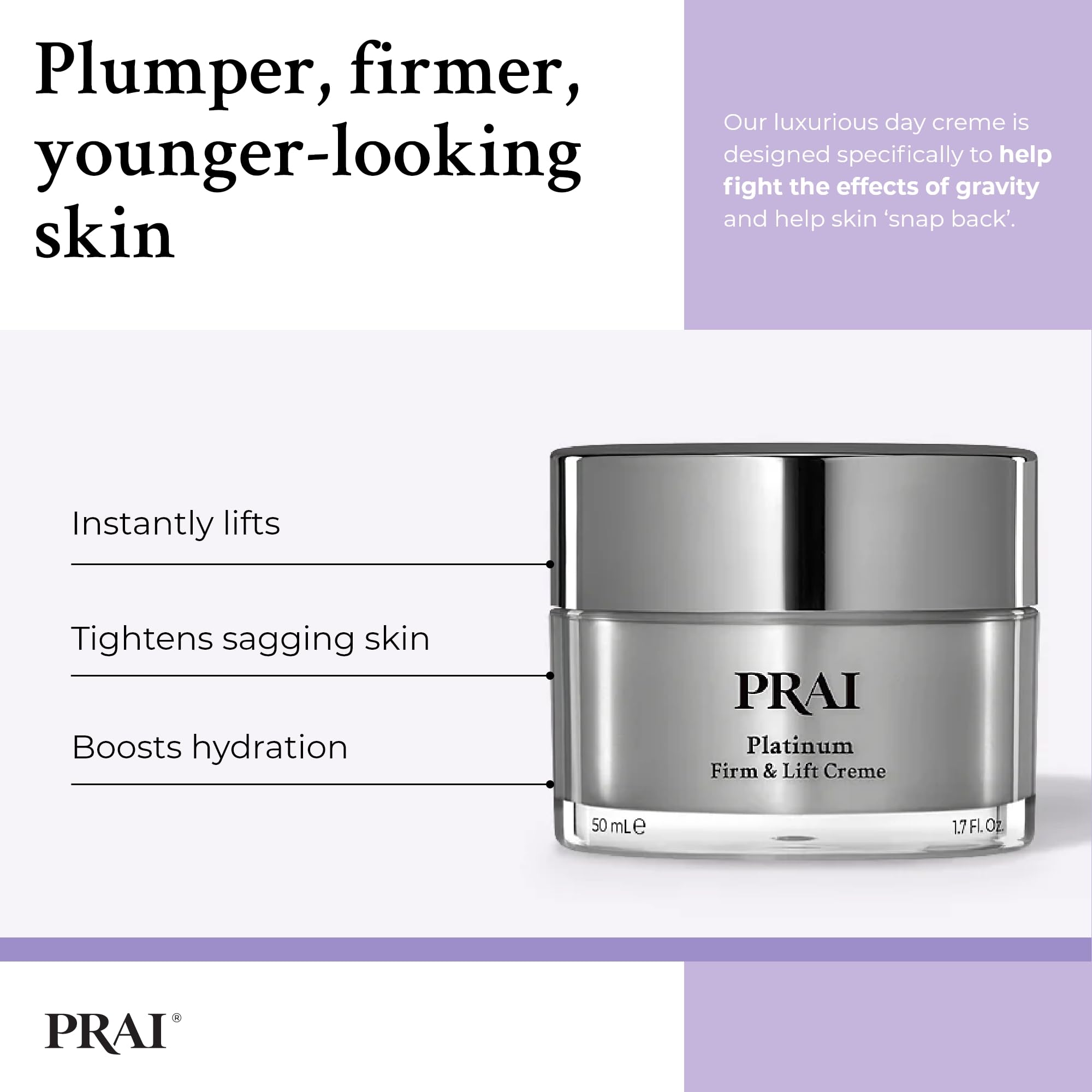 PRAI Platinum Firm & Lift Day Creme 50ml - Hydrating Moisturiser with Platinum & Hyaluronic Acid