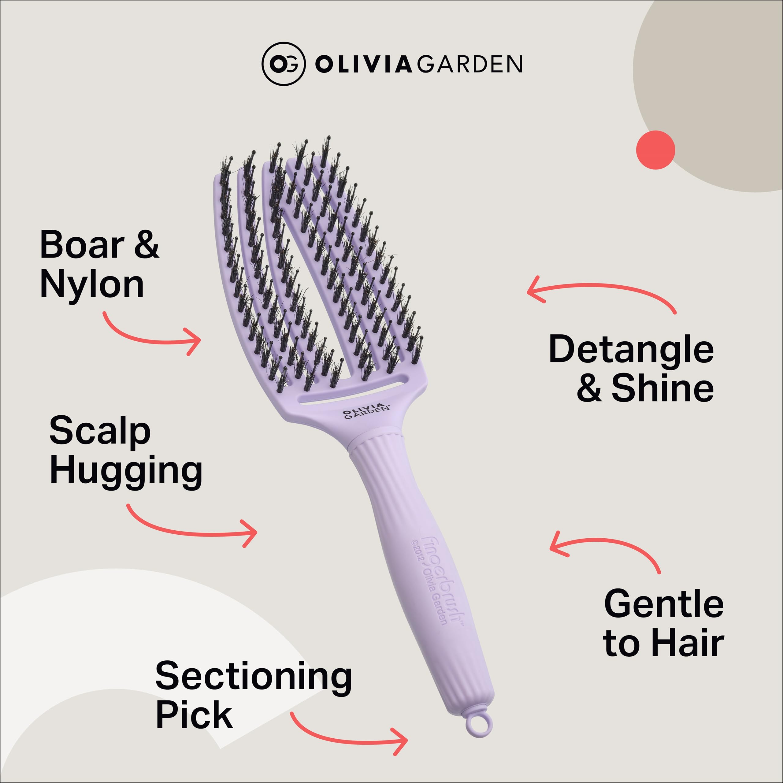 Olivia Garden Fingerbrush Care Iconic Medium Hairbrush - Lavender with Boar & Nylon Bristles for Shine 9
