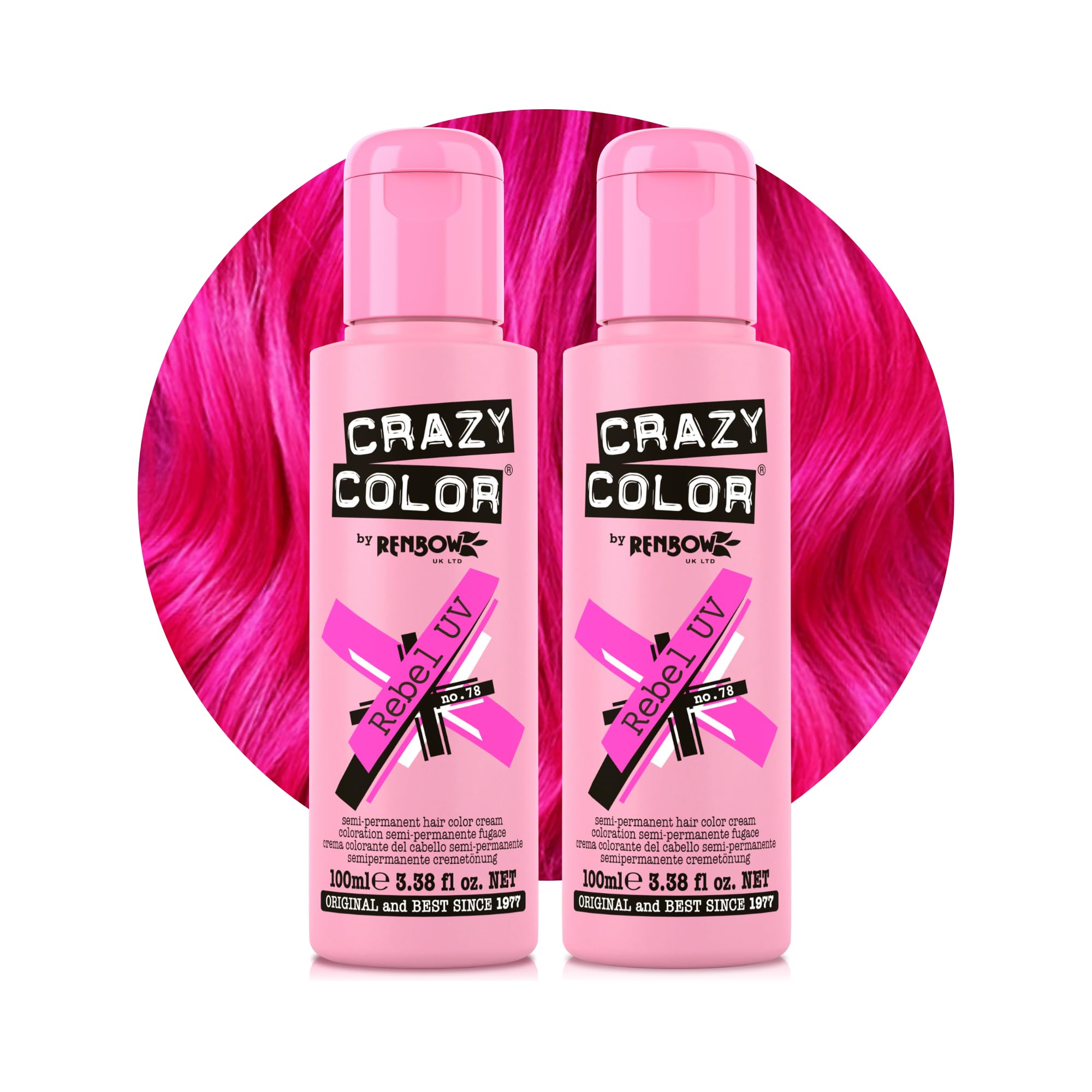Crazy Color Vibrant Rebel UV Semi-Permanent Duo Haarfarbe. Hochpigmentiertes Neonpink. Pflegende und ölspendende vegane Formel | Ohne Bleichmittel oder Ammoniak | 200 ml