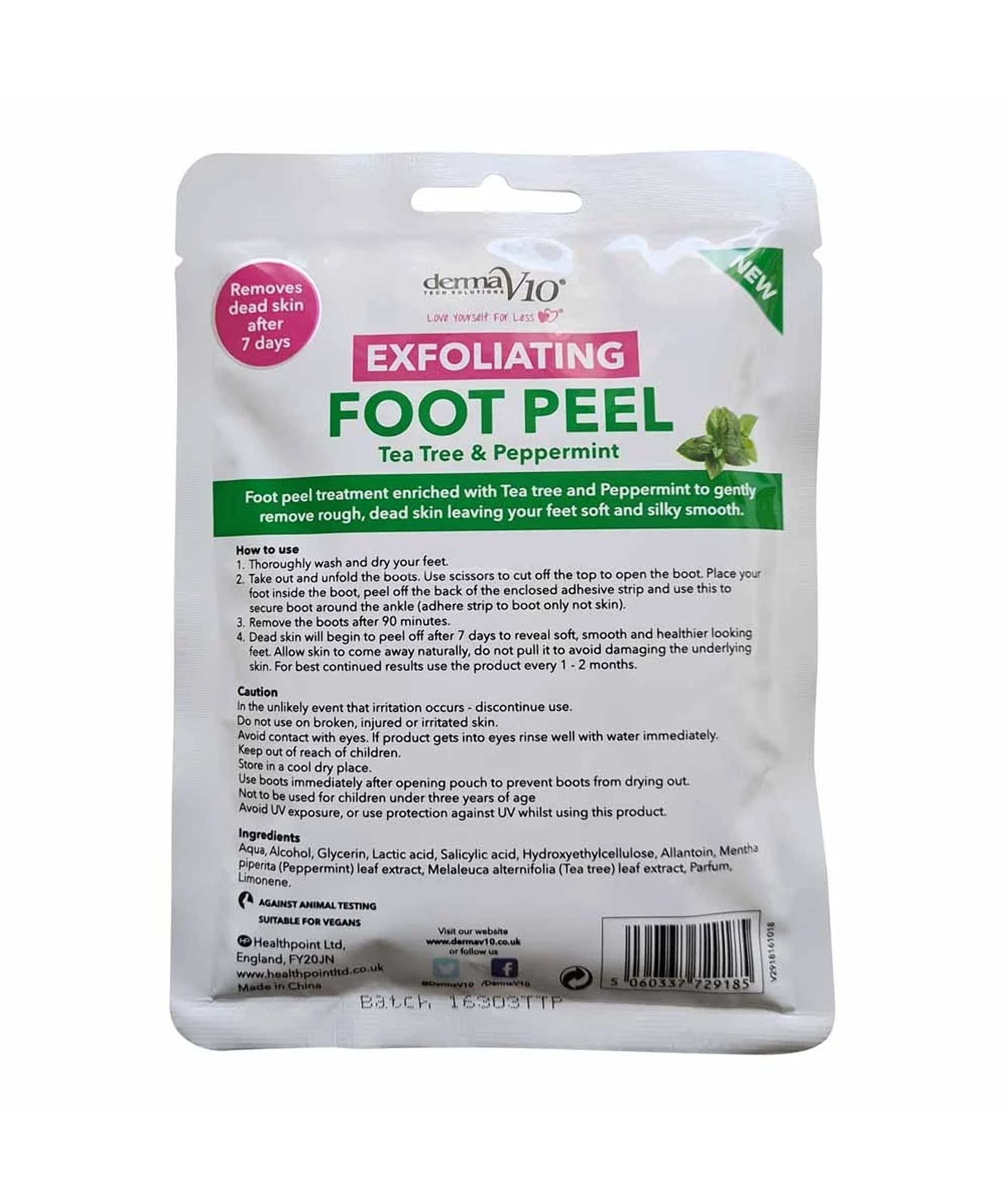 Derma V10 Exfoliating Foot Peel with Tea Tree and Peppermint for Smooth Feet