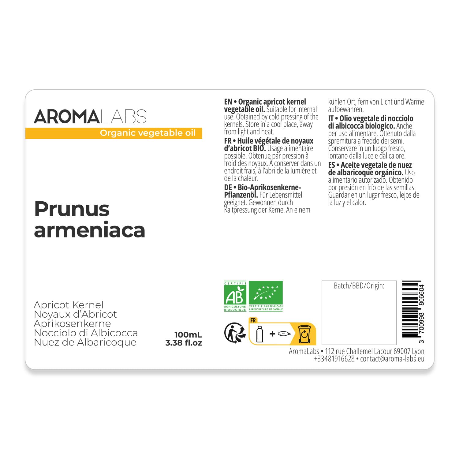 Aroma Labs 100% Pure Organic Apricot Kernel Oil - Cold Pressed - 100mL