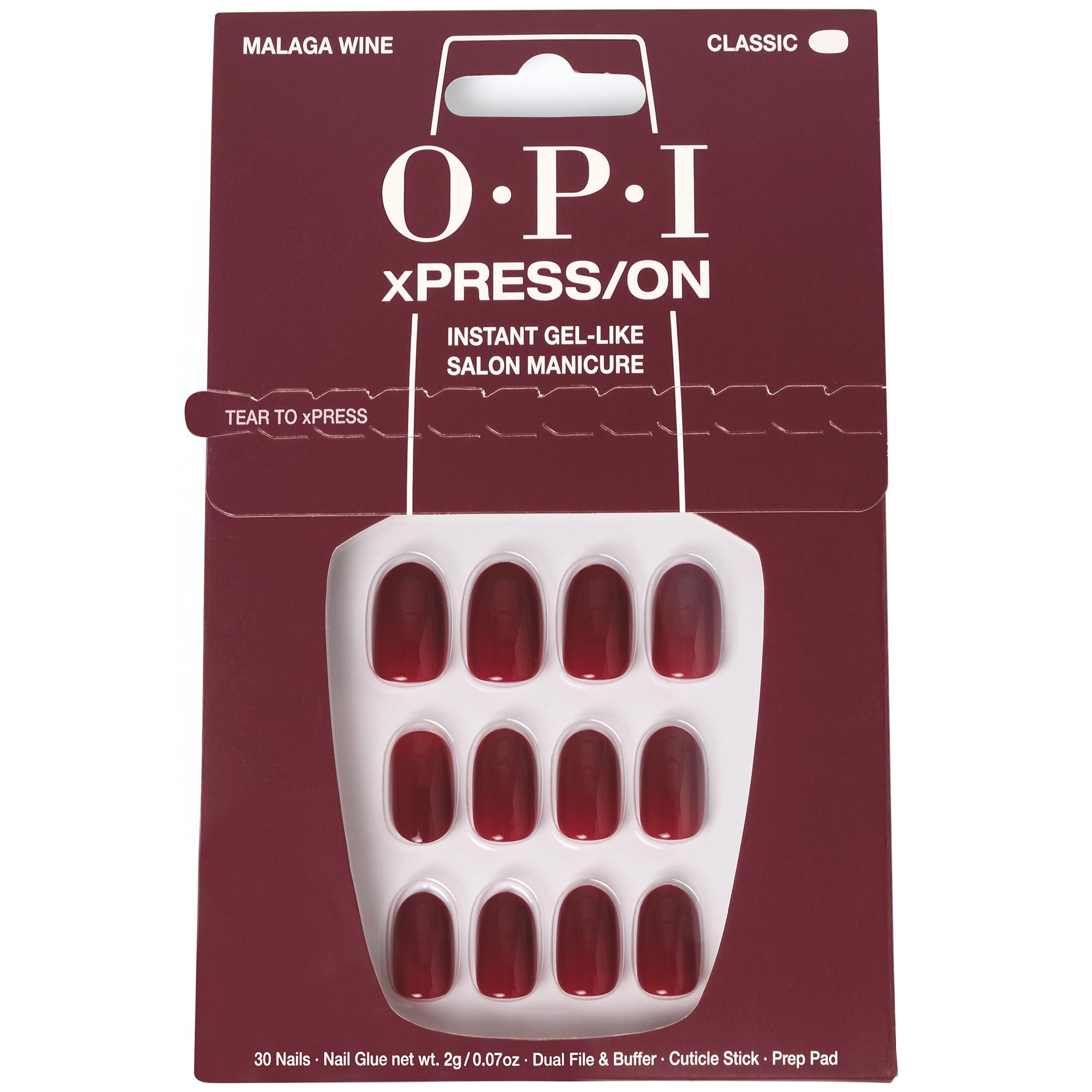 OPI xPRESS/ON Malaga Wine – Dunkelrote, kurze, runde künstliche Fingernägel zum Aufkleben – mit Nagelkleber – Langanhaltend, wiederverwendbar und schonend