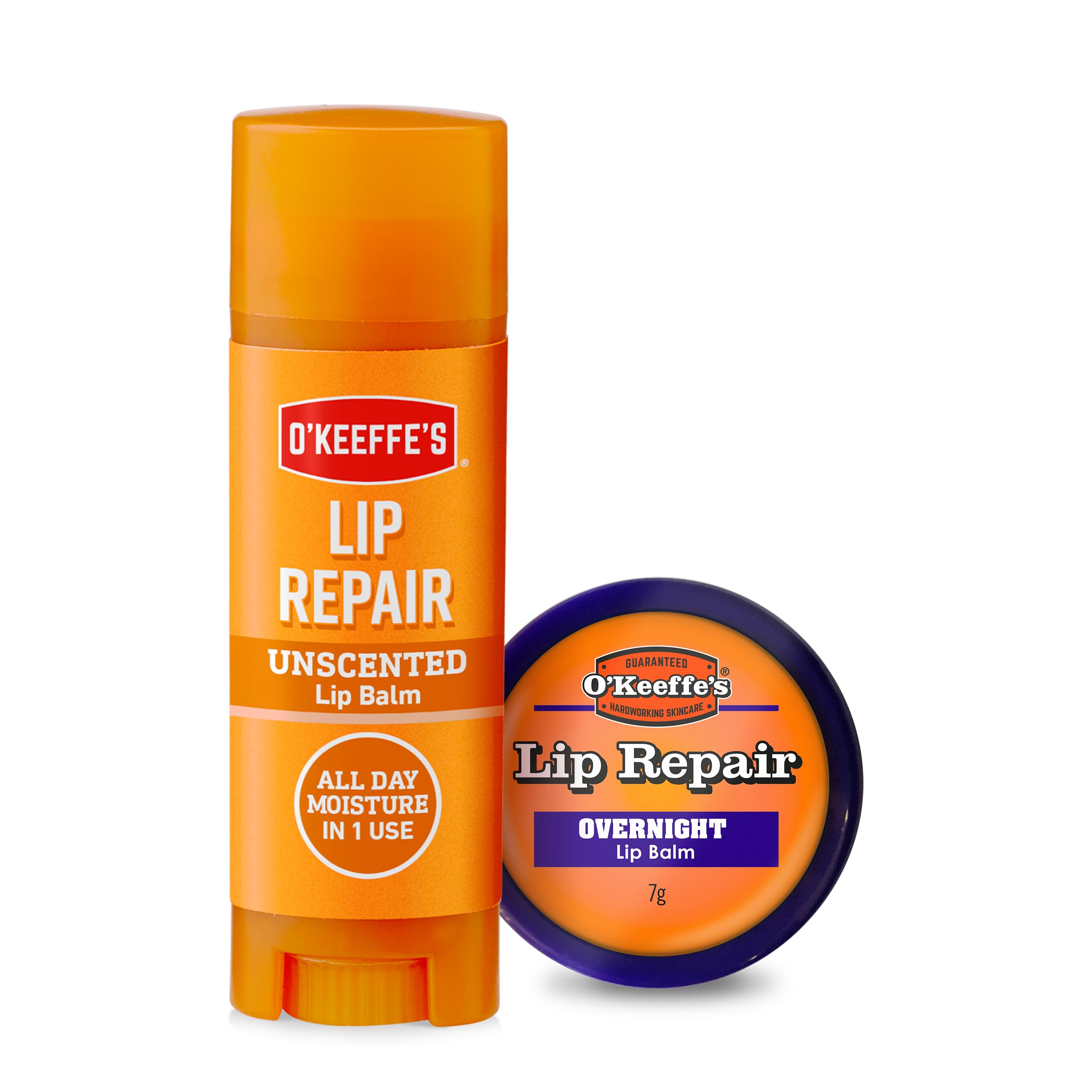 O'Keeffe's Lip Repair Balm Unscented 4.2g & Overnight 7g Duo for Dry Lips