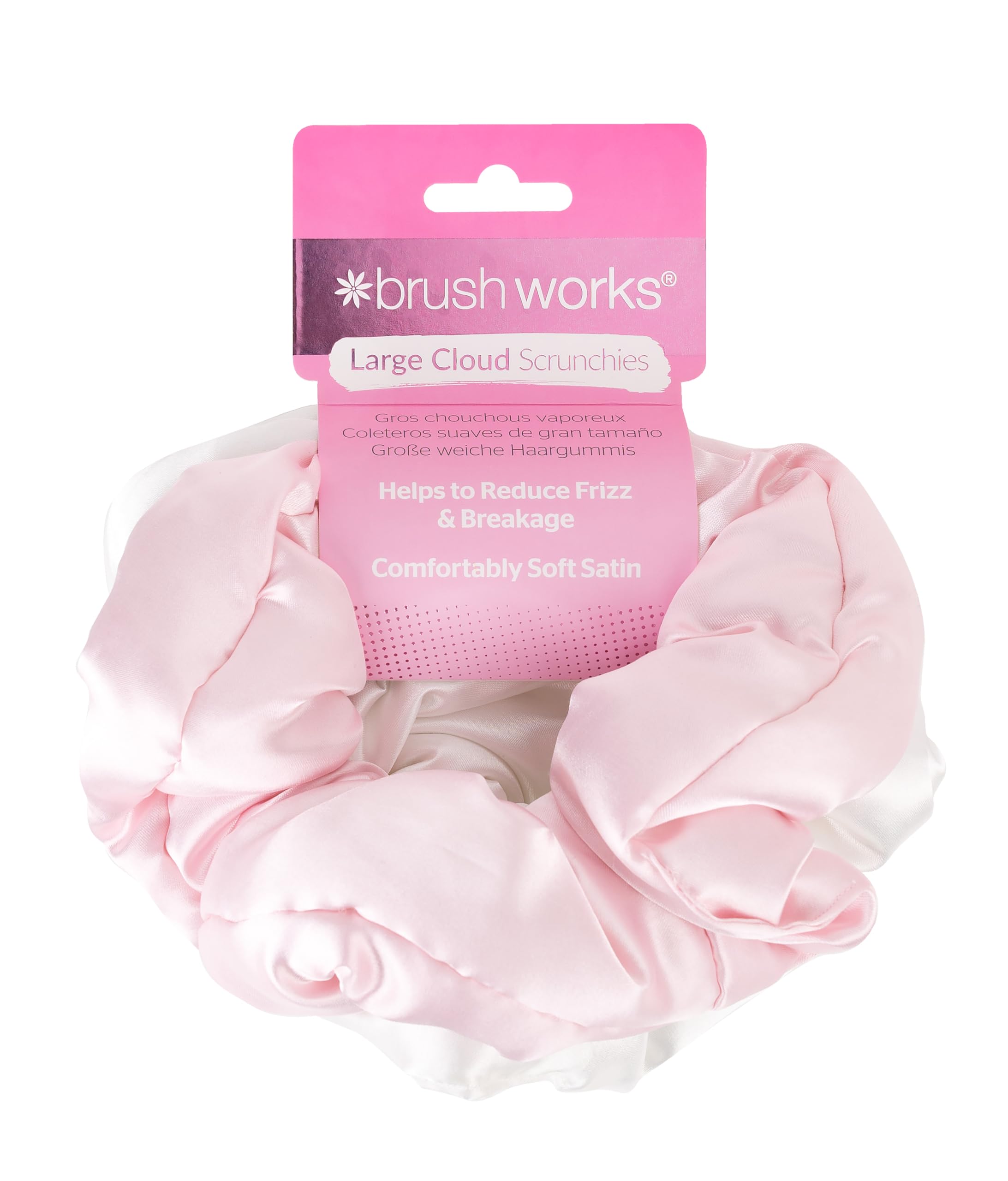 Brushworks Large Cloud Scrunchies 2 Pack – Pink & White Satin, Snag-Free Hair Styling