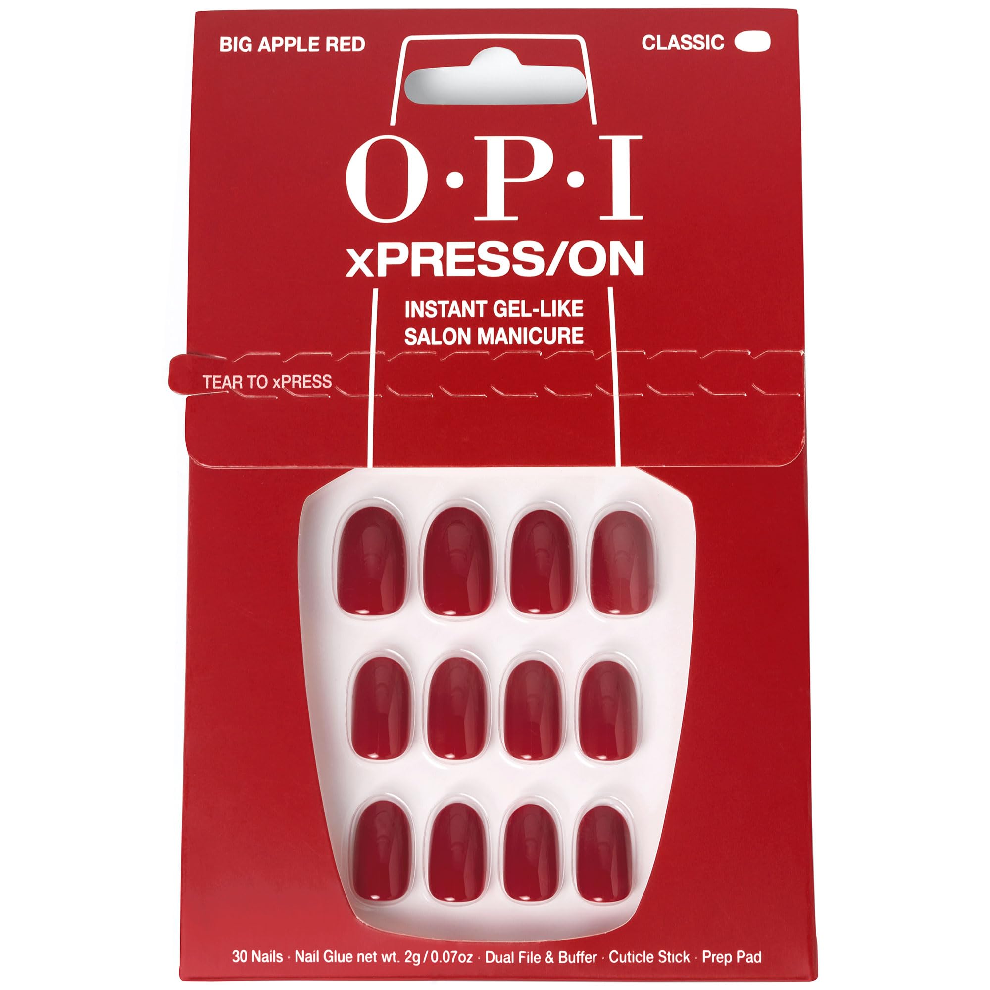 OPI xPRESS/ON Big Apple Red – Klassische rote, kurze, runde künstliche Fingernägel zum Aufkleben – mit Nagelkleber – Langanhaltend, wiederverwendbar und schonend für die Nägel