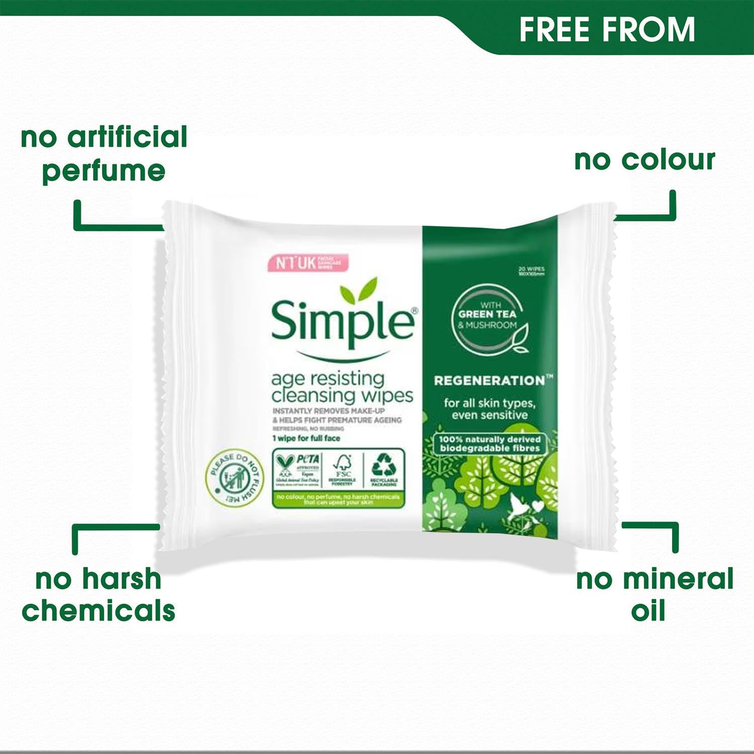 Simple Regeneration Anti-Age Biologisch Abbaubare Gesichtstücher entfernen Make-up und bekämpfen vorzeitige Hautalterung. Für empfindliche Haut geeignet. 20 Tücher, Verpackung kann variieren.