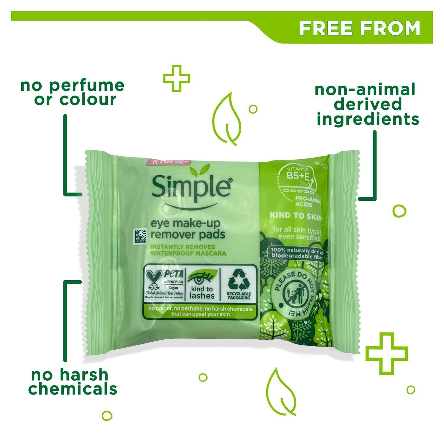 Simple Kind To Eyes Eye Make Up Remover Pads - 30 Pieces for Sensitive Skin