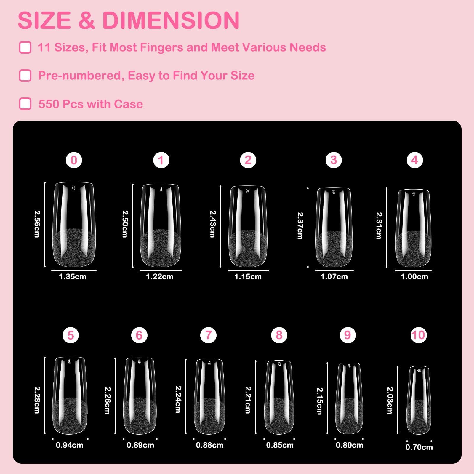 Diboniur Medium Square Full Cover Nail Tips - 550PCS in 11 Sizes, Half Matte Finish