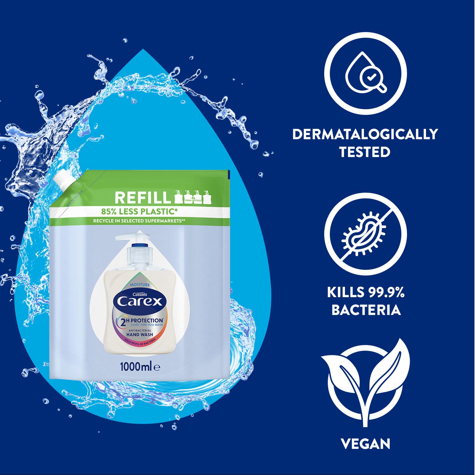 Carex Advanced Moisture Antibacterial Hand Wash Refills 3 x 1L Pouches with Vitamin E