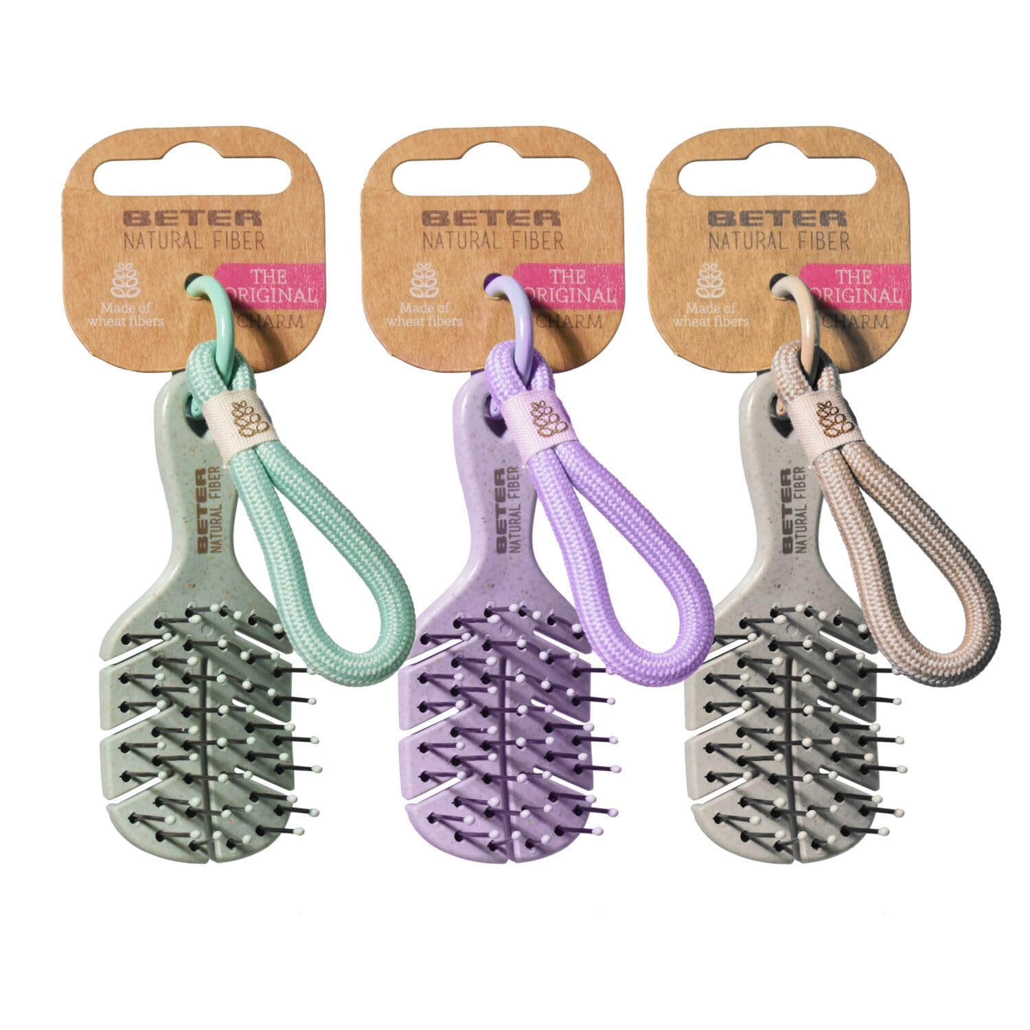 Beter Pack of 3 Natural Fiber Charm Detangling Brushes (XSS Size) with Hanging Chain