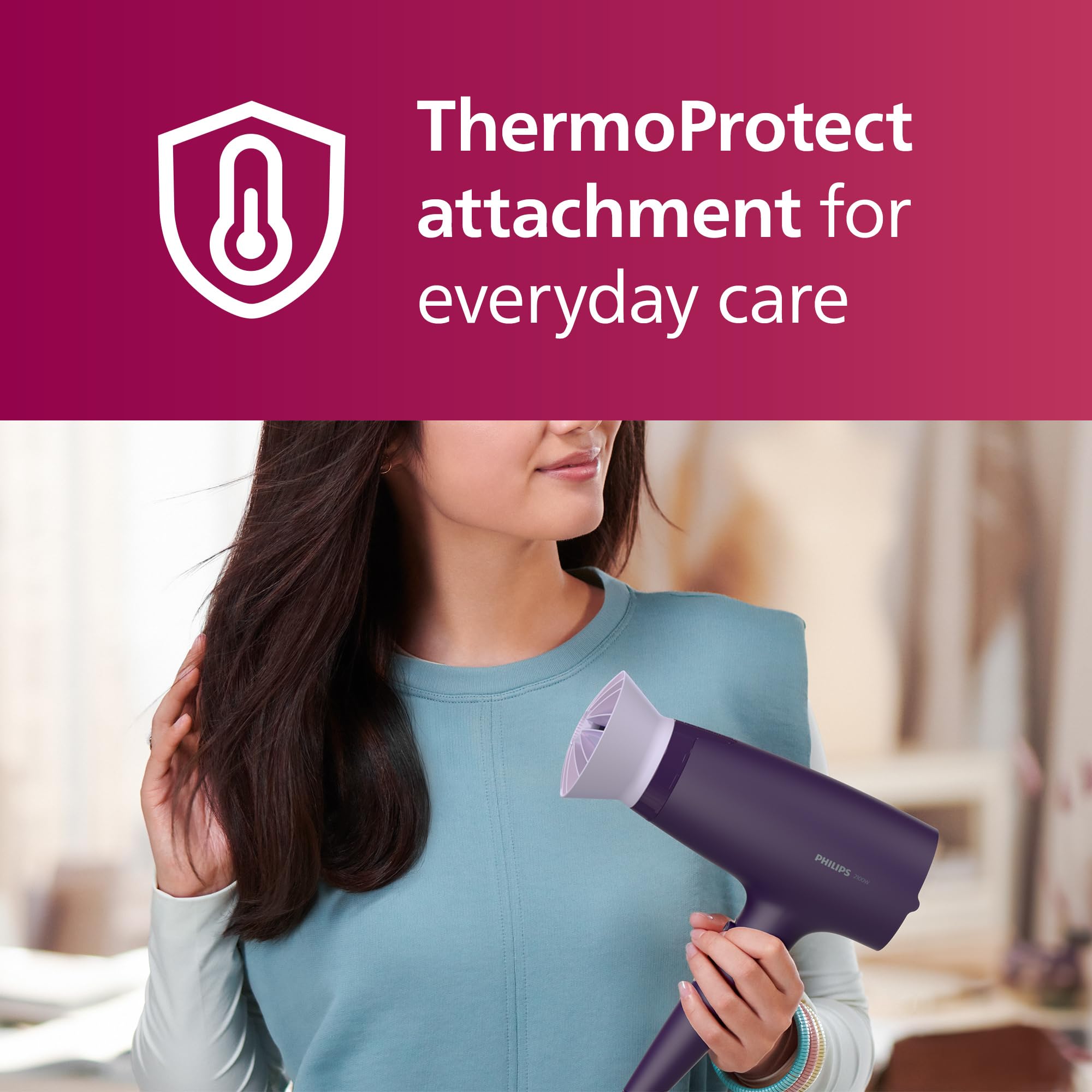 Philips Hair Dryer 3000 Series with ThermoProtect Attachment, 2100W Power