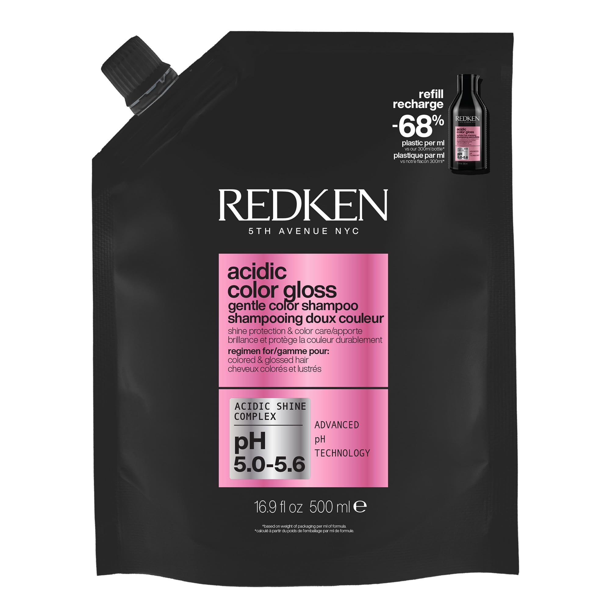 Redken Acidic Color Gloss Shampoo, Sulphate-Free, 500ml Refill Pouch for Shine & Colour Care