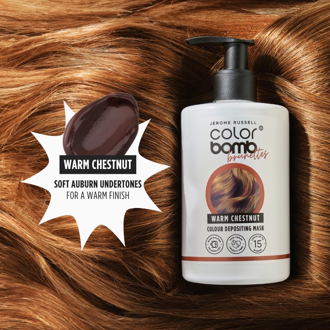 Jerome Russell Colour Bomb Brunettes – Warme Kastanienbraune Farbmaske – Pflegende, semi-permanente Farb- und Glanzbehandlung – Vegan, tierversuchsfrei, 300 ml