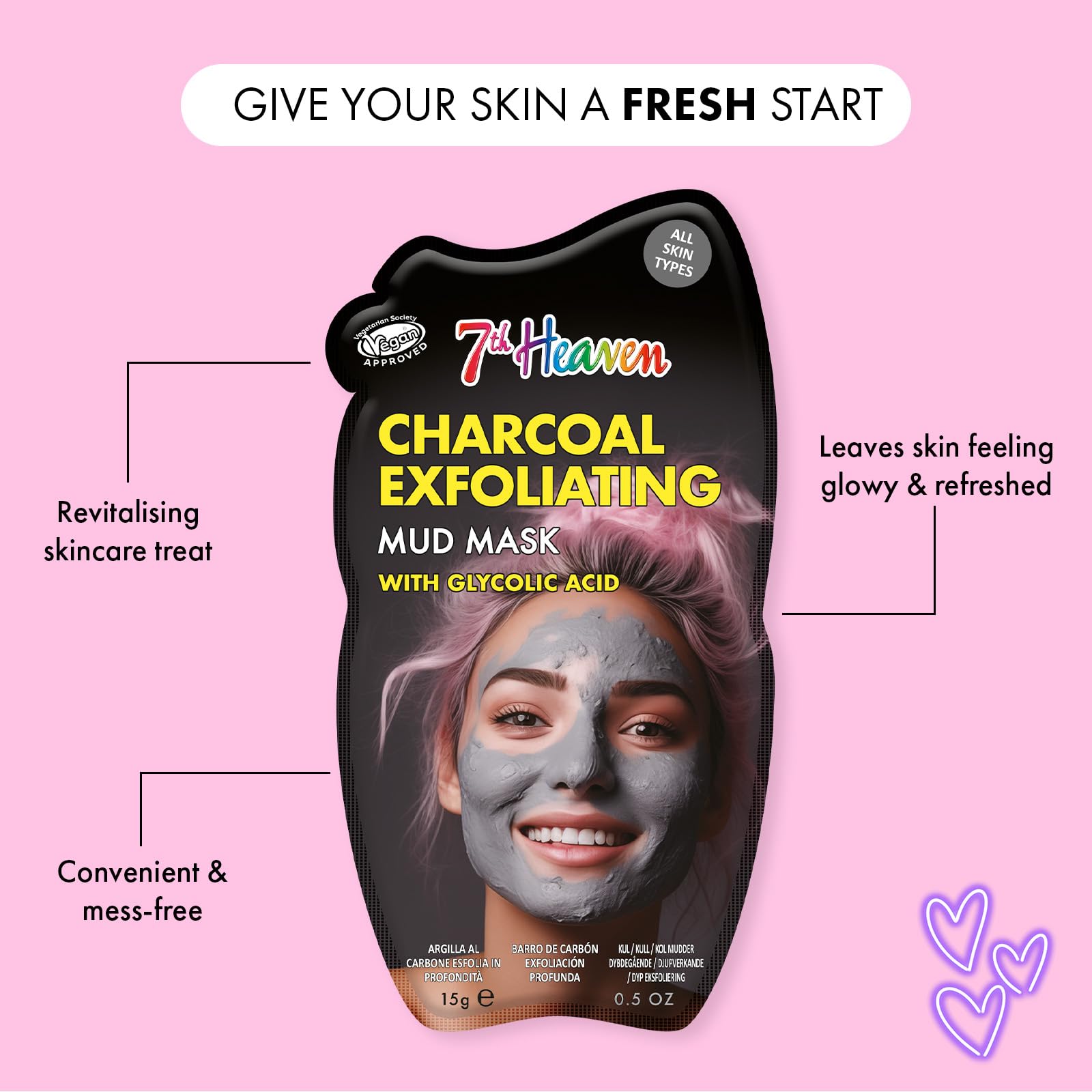 7th Heaven Charcoal Mud Mask with Glycolic Acid for Deep Cleanse and Exfoliation