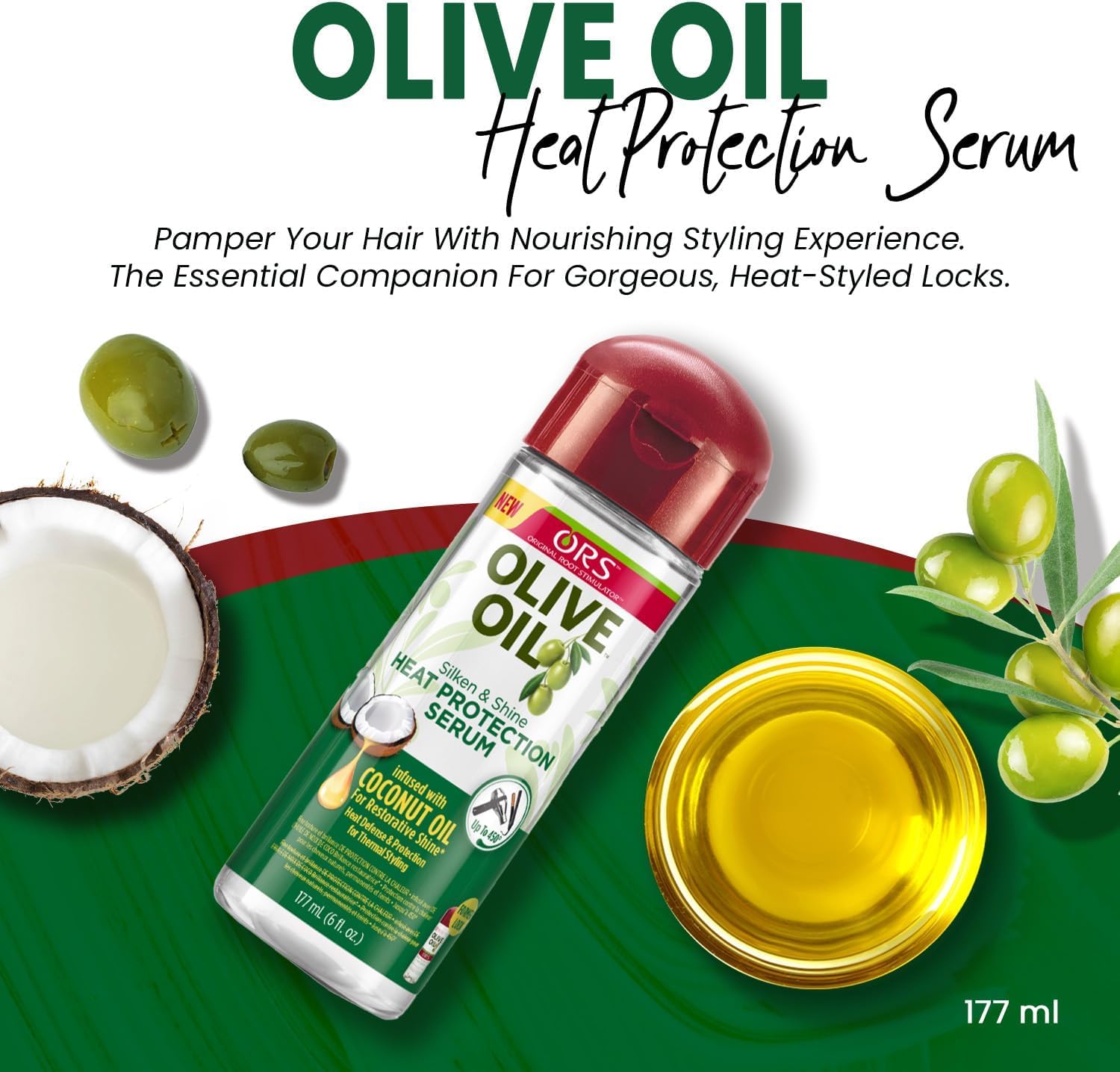 ORS Olive Oil Heat Protection Hair Serum for Shine, Smoothness, and Heat Damage Shield (177 ml)