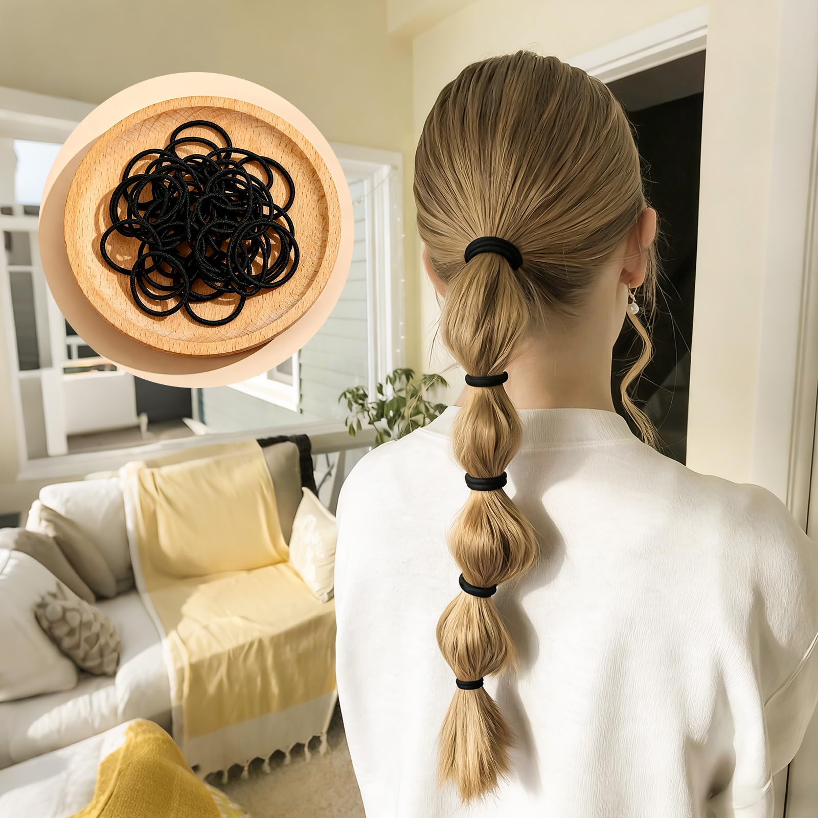 50 schwarze Haargummis, 4 mm dicke, weiche, elastische Haarbänder, Meta 6