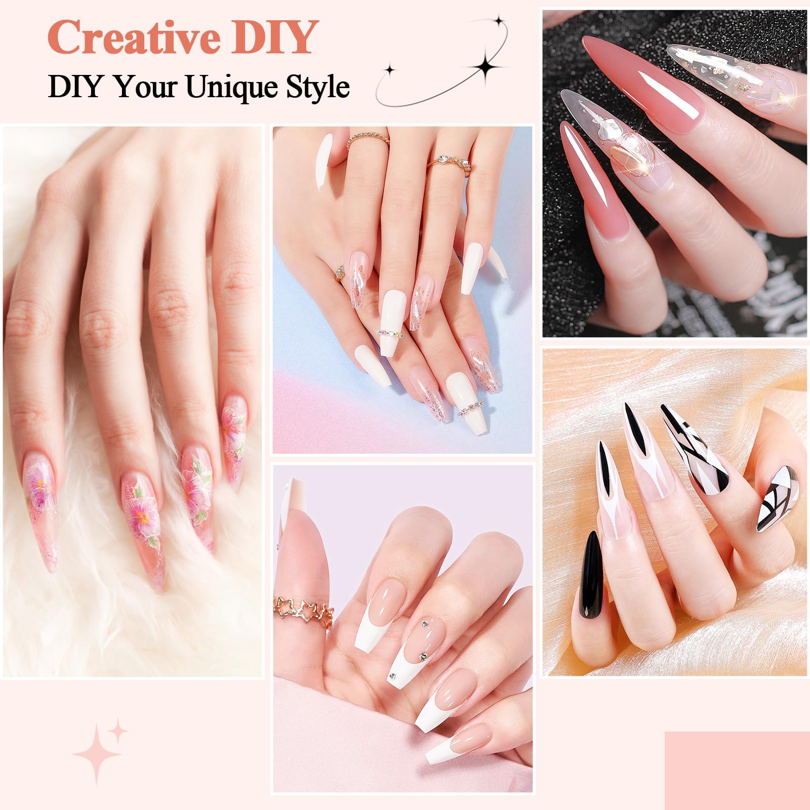 Alyvisun 600 Pcs Long Stiletto Half Cover Soft Gel Nail Tips - Clear ABS Material 6