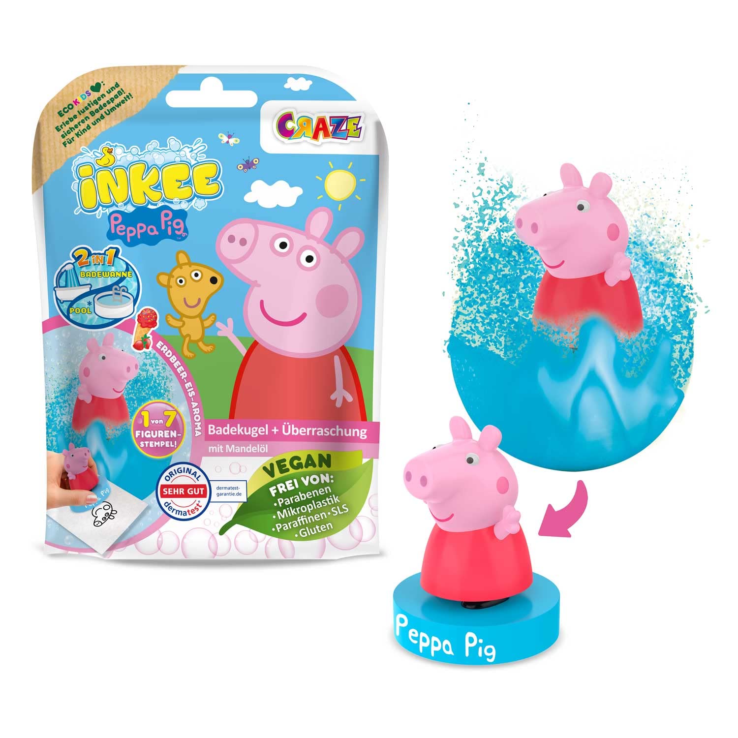 INKEE 3 Pack Peppa Pig Fizzy Bath Bombs with Collectible Surprise Figurines and Strawberry Scent