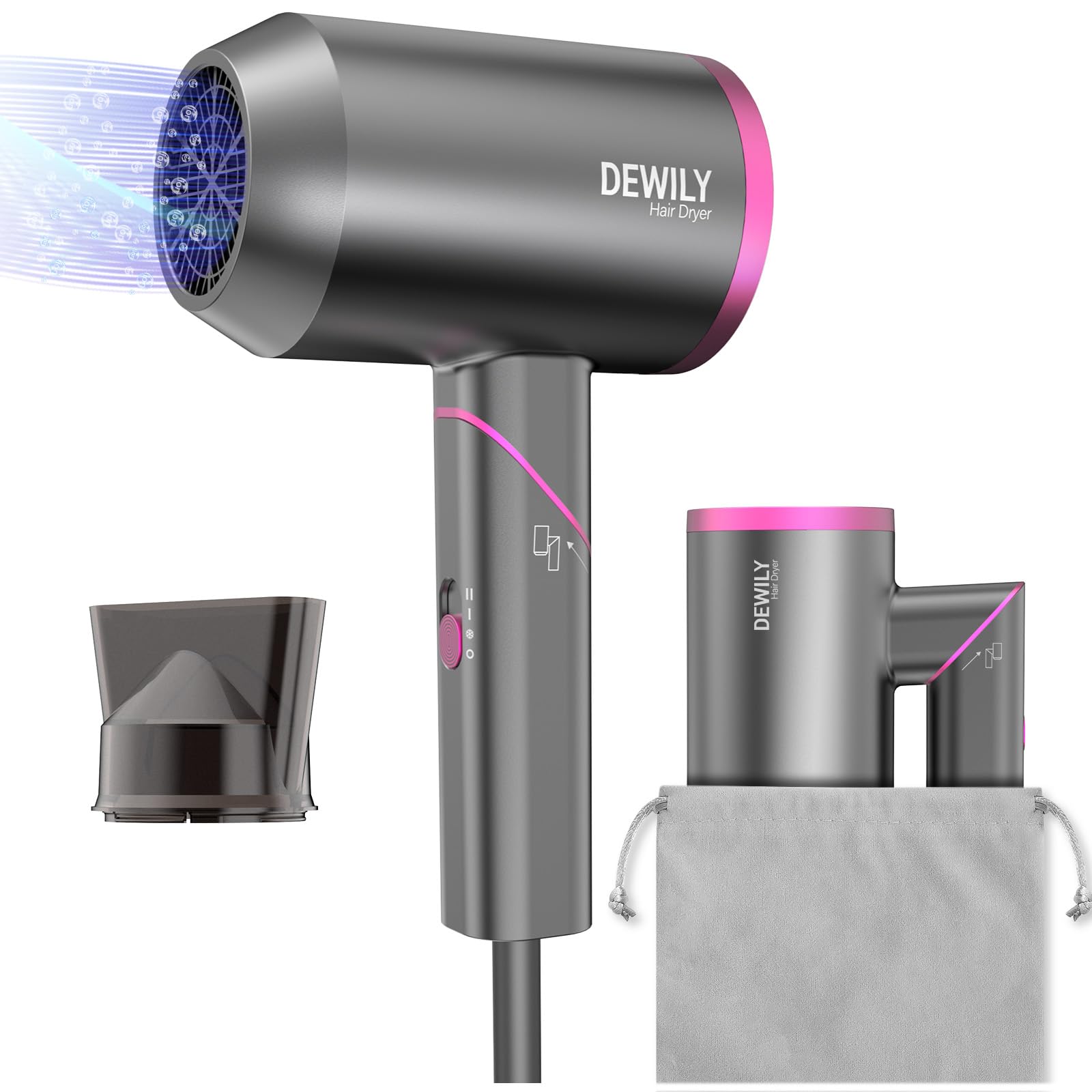 Reisehaartrockner für Damen und Herren – DEWILY Leistungsstarker, faltbarer Haartrockner mit Bügeln für lockiges und glattes Haar, kleiner Haartrockner für Damen und Herren, schnelles Trocknen