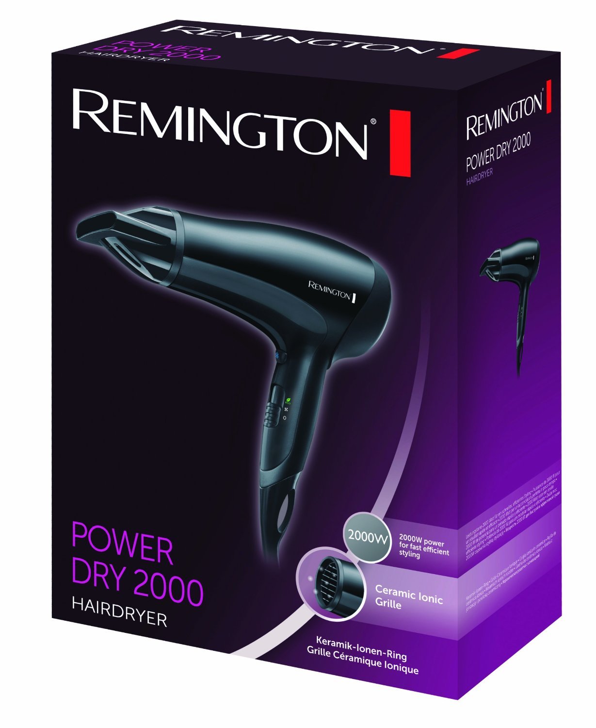Remington Power Dry 2000W Hair Dryer D3010 with Ceramic Ionic Grille and Eco Setting