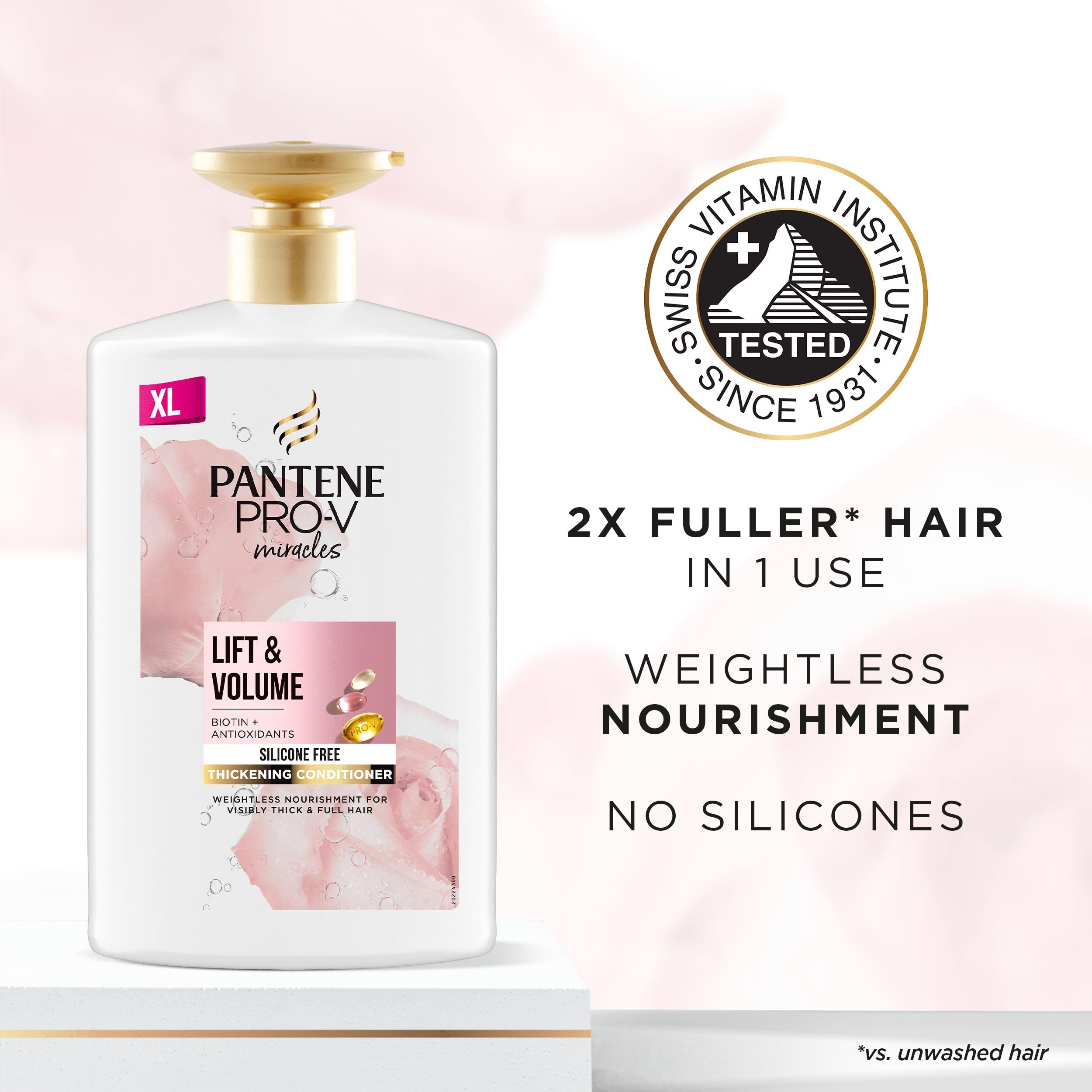 Pantene Lift & Volume Thickening Hair Conditioner, Silicone Free, 1L XXL Pump with Biotin 3