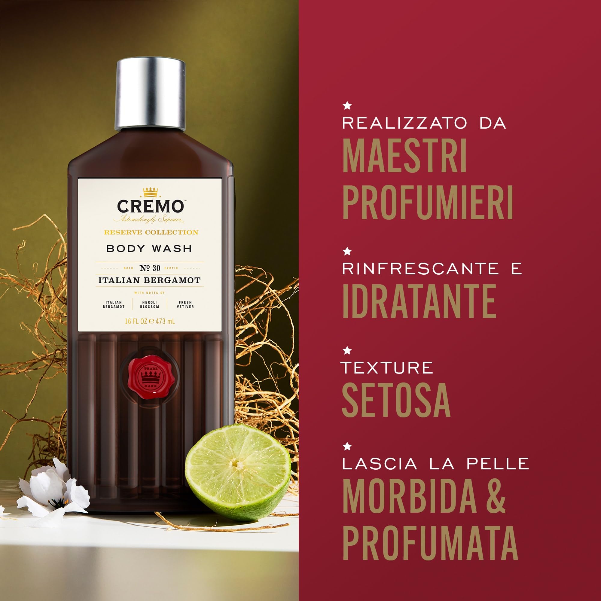 Cremo Reserve Collection Men's Body Wash with Italian Bergamot Luxury Fragrance, 473 ml