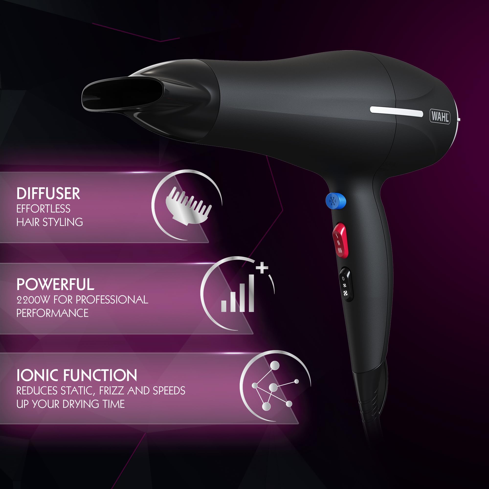 Wahl Ionic Smooth Hairdryer,Cool Shot Button, 3 Heat and 2 Speed Settings, 6