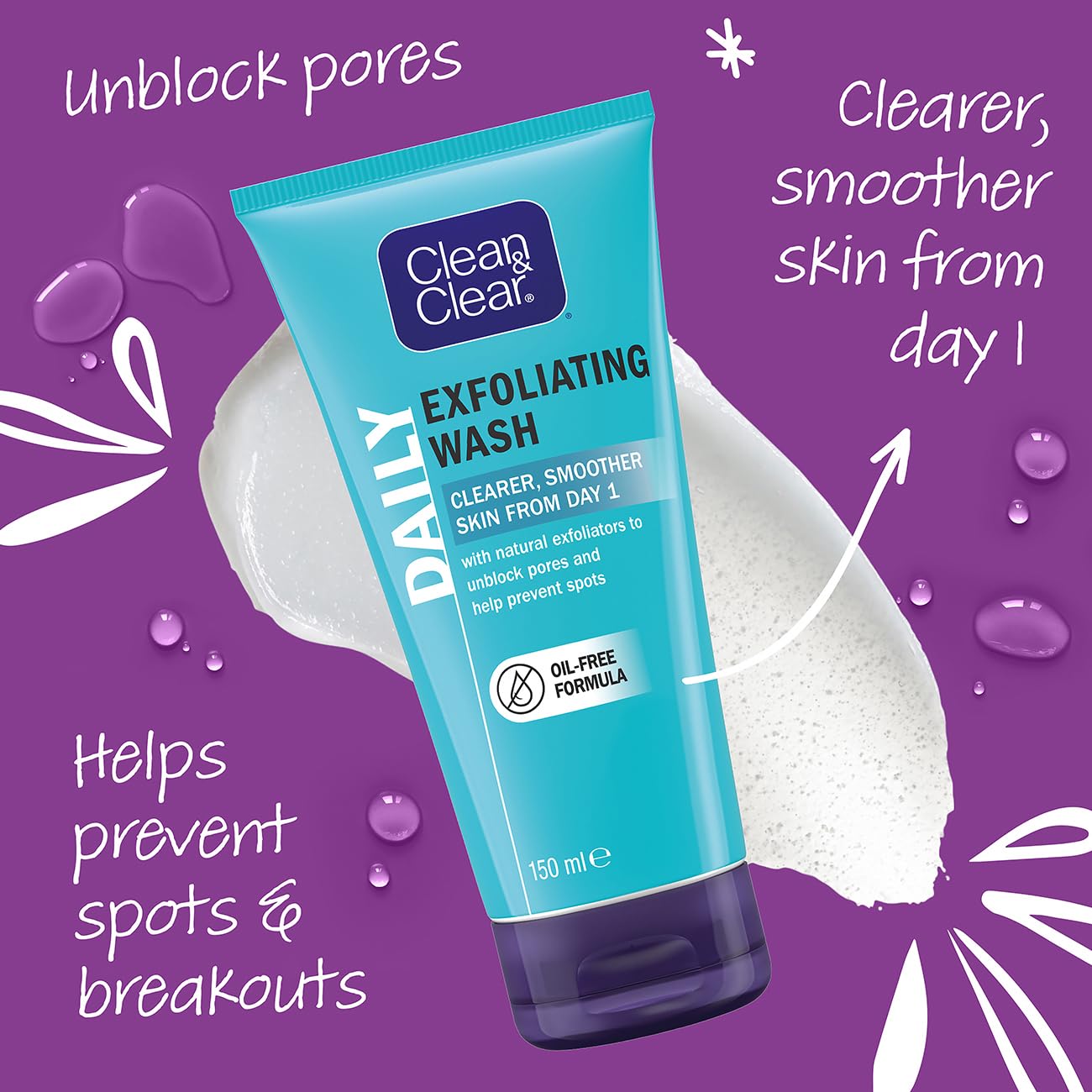 Clean & Clear Exfoliating Daily Wash Face Cleanser for Clearer Skin 150ml 4