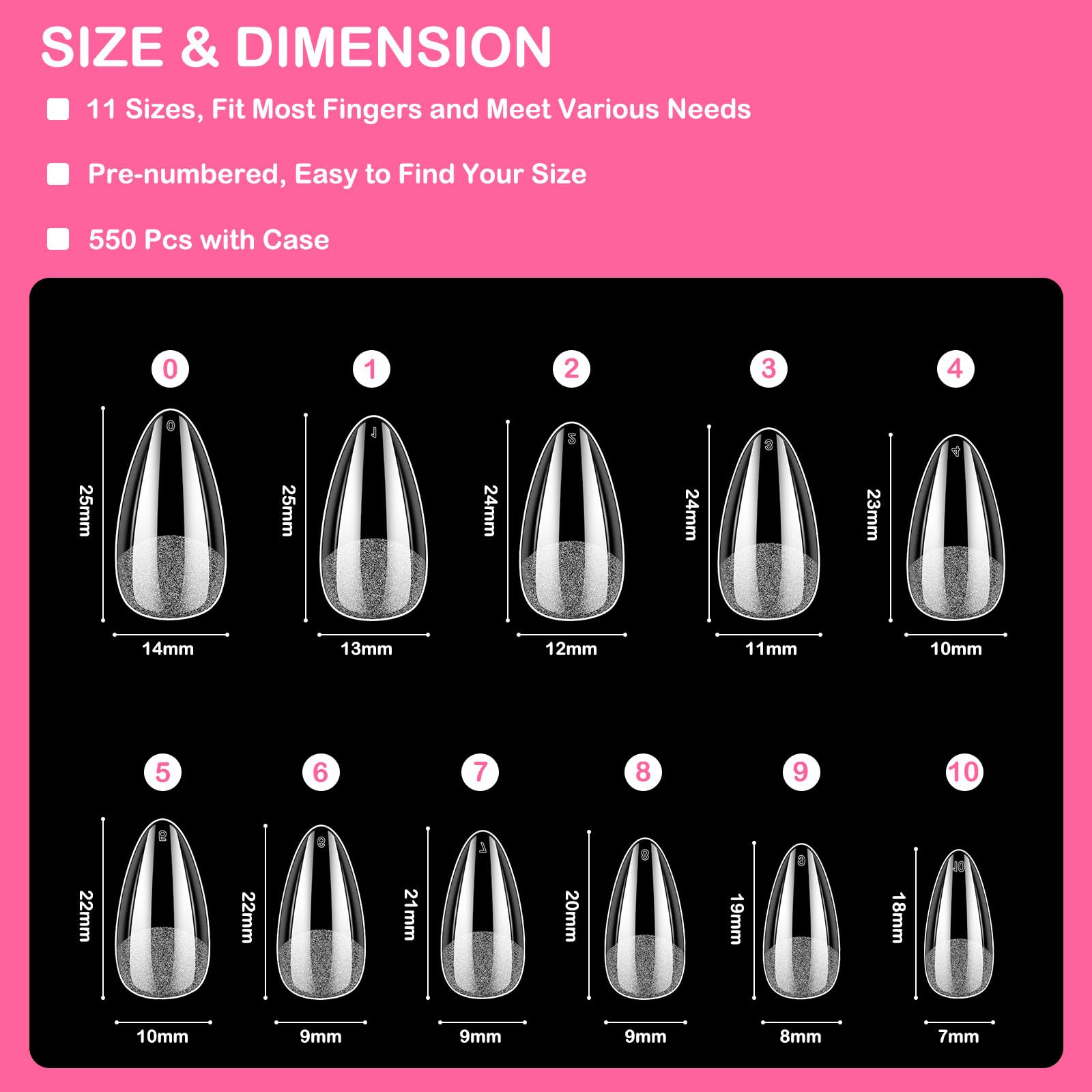 Diboniur Medium Mandel-Nagelspitzen, 550 Stück Weichgel, 11 Größen, vollständige Abdeckung