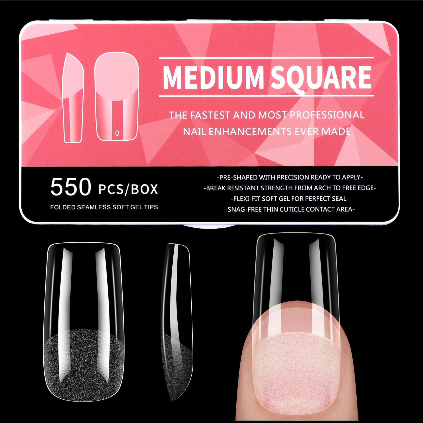 Diboniur Medium Square Full Cover Nail Tips - 550PCS in 11 Sizes, Half Matte Finish