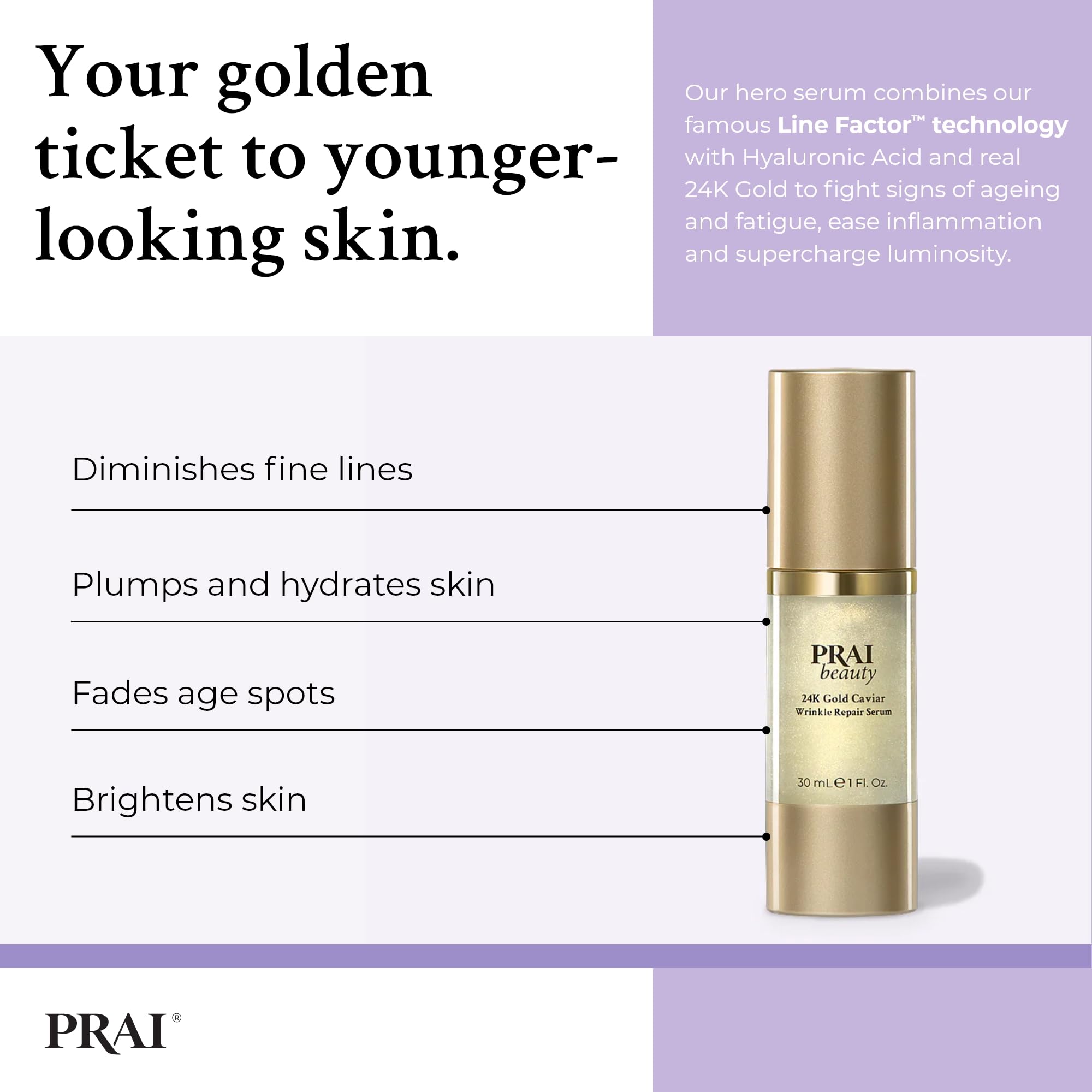 PRAI 24k Gold Caviar Wrinkle Repair Serum 30ml - Advanced Anti-Aging & Firming