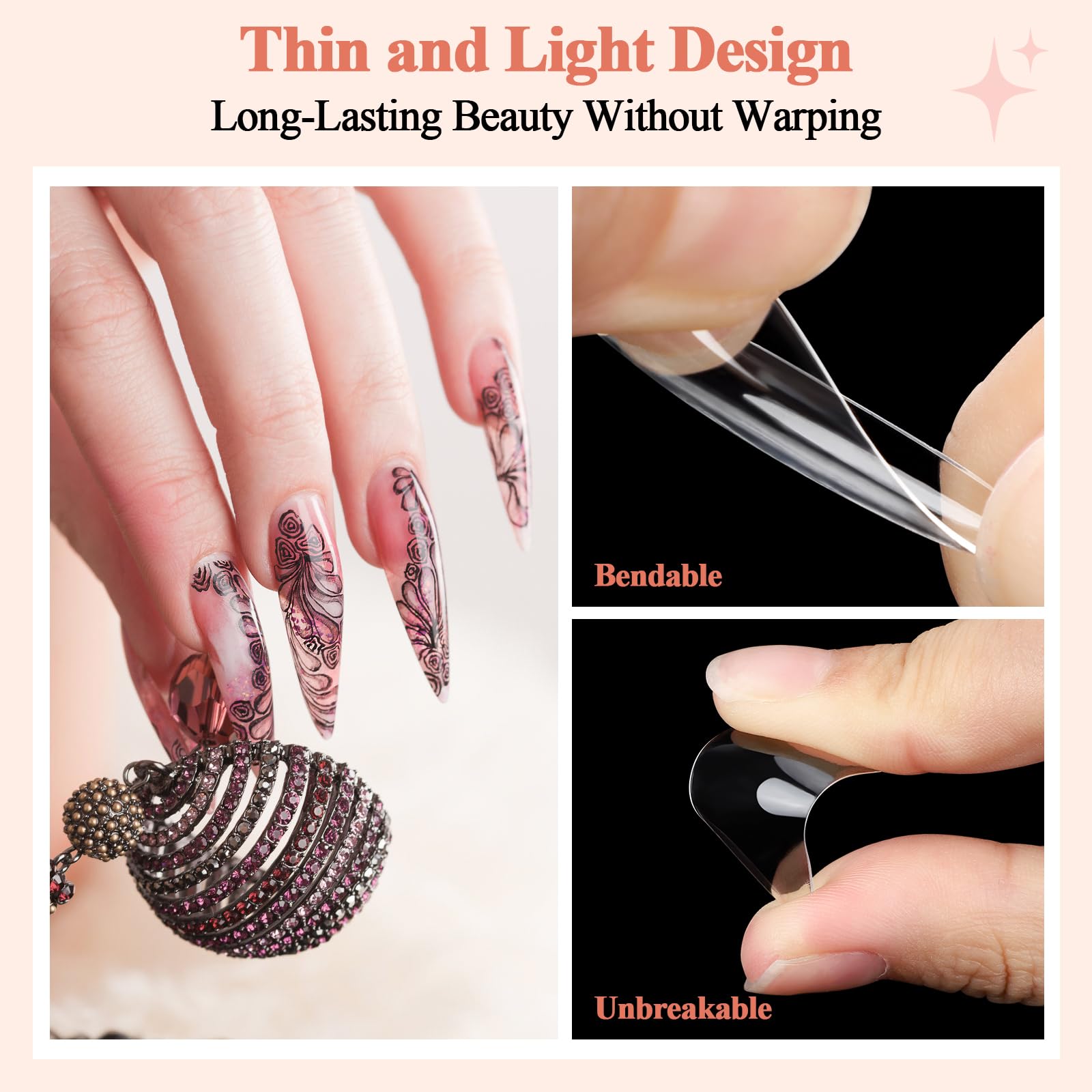 Alyvisun 600 Pcs Long Stiletto Half Cover Soft Gel Nail Tips - Clear ABS Material 4