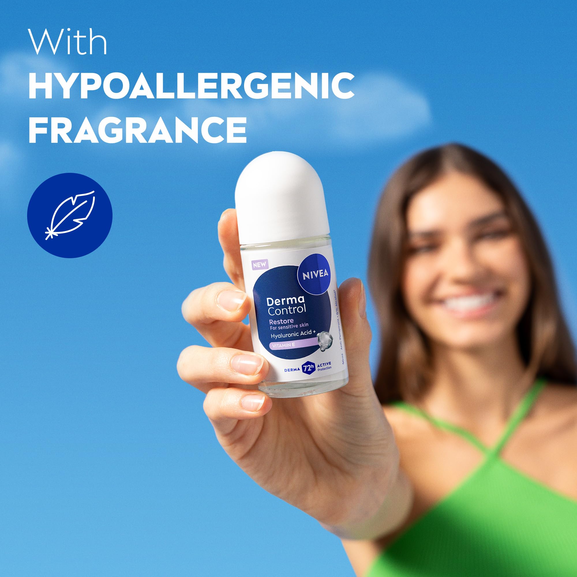 NIVEA Derma Control Restore Roll On Antiperspirant, 72H Protection with Hyaluronic Acid & Vitamin E 6