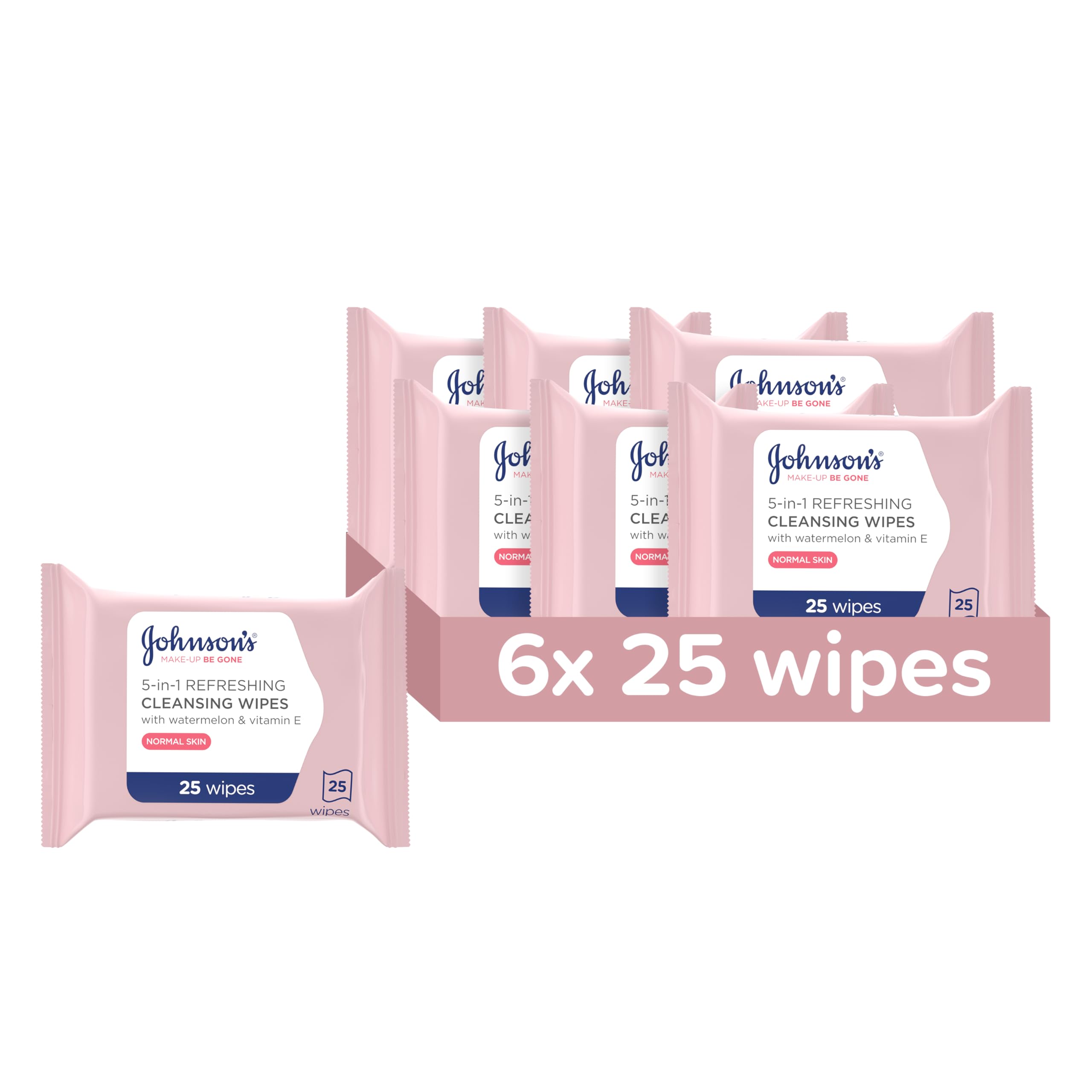 Johnson's Face Care Make Up Be Gone Refreshing Wipes - 6 Pack of 25 Plastic-Free Wipes