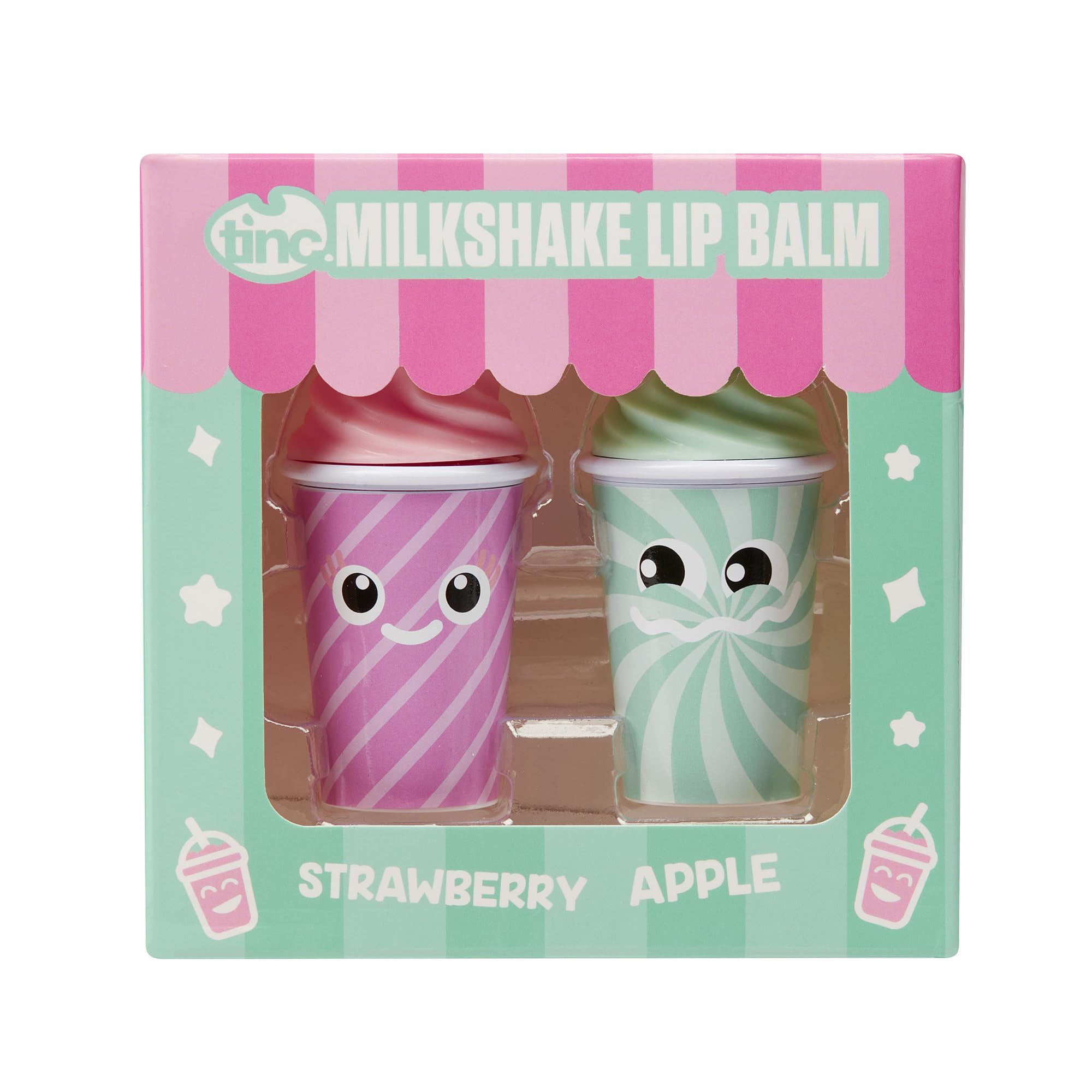 Tinc Milkshake Lippenbalsam für Kinder, fruchtige Duftrichtungen, Erdbeere, Apfel, hält die Lippen feucht, ideal für Partytüten, zwei Geschmacksrichtungen