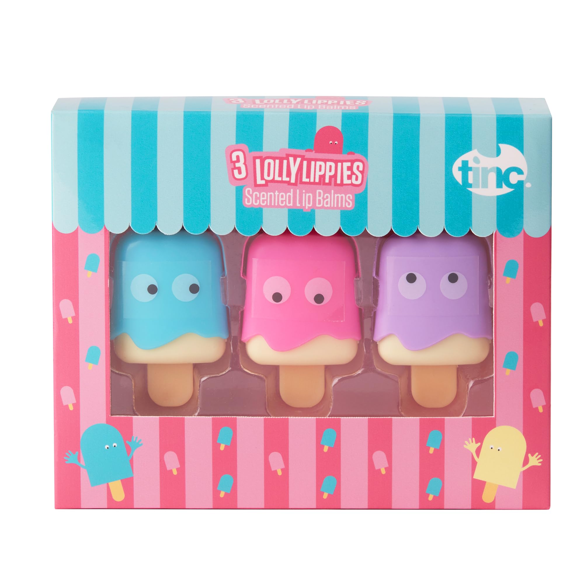 Tinc Lolly Lippenbalsam für Kinder, Geschmacksrichtungen: Eiscreme, Vanille, Rose. Hält die Lippen geschmeidig. Ideal als Mitgebsel für Kindergeburtstage. 3 Geschmacksrichtungen, rosa Lippenbalsam, 10,5 g, 3 Stück.